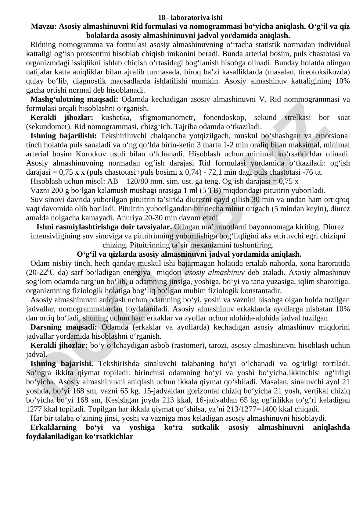 Asosiy almashinuvni Rid formulasi va nomogrammasi bo'yicha aniqlash