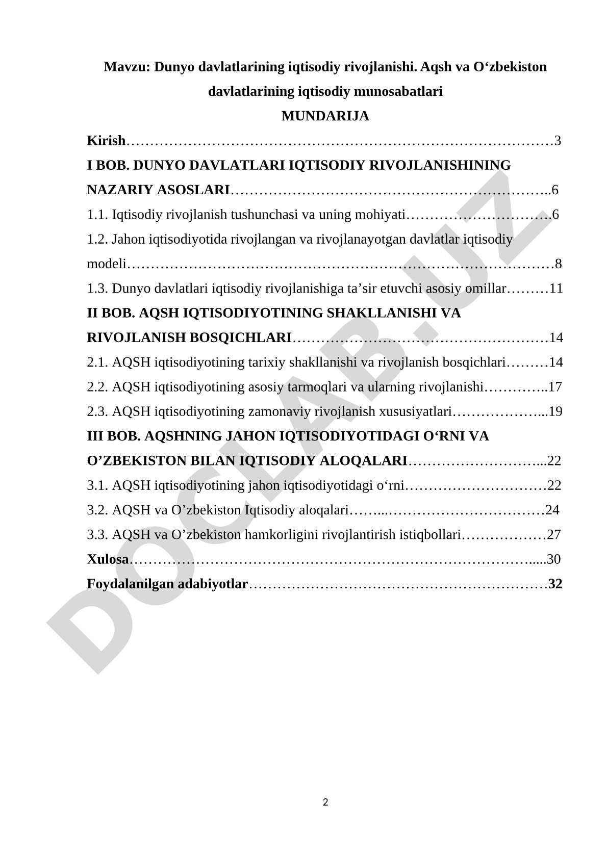 Dunyo davlatlarining iqtisodiy rivojlanishi. Aqsh va Oʻzbekiston davlatlarining iqtisodiy munosabatlari