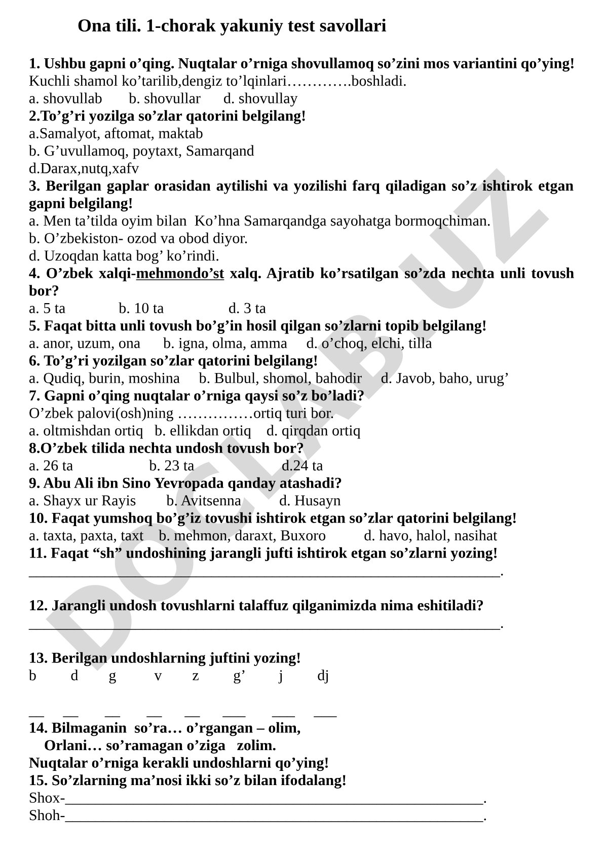 Ona tili. 1-chorak yakuniy test savollari