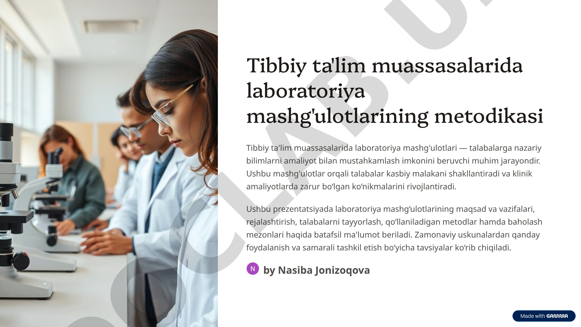 Tibbiy ta'lim muassasalarida laboratoriya mashg'ulotlarining metodikasi