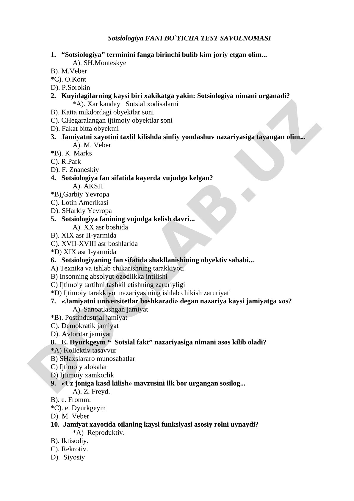 Sotsiologiya fanidan test savolnomasi