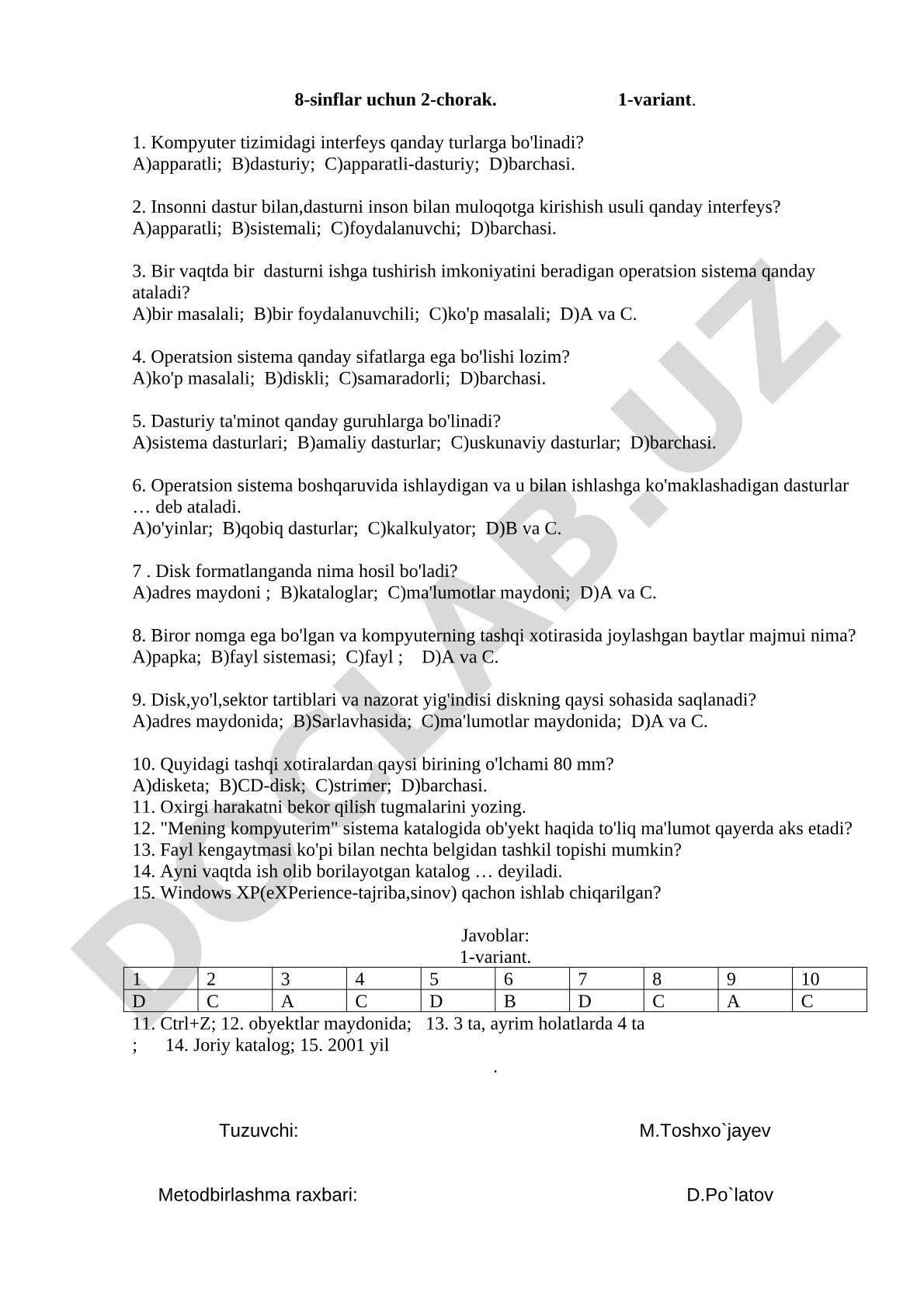 8-sinflar uchun 2-chorak. 1-variant.