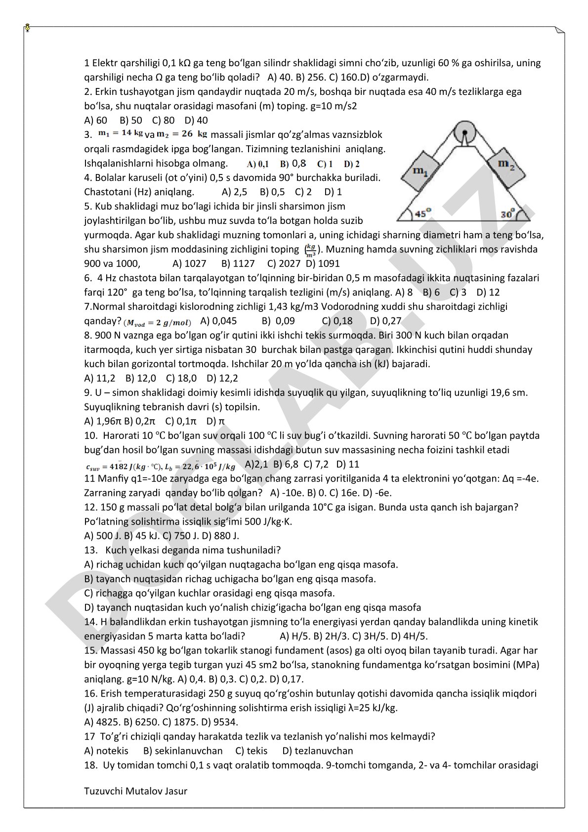 Fizika fanidan test savollari