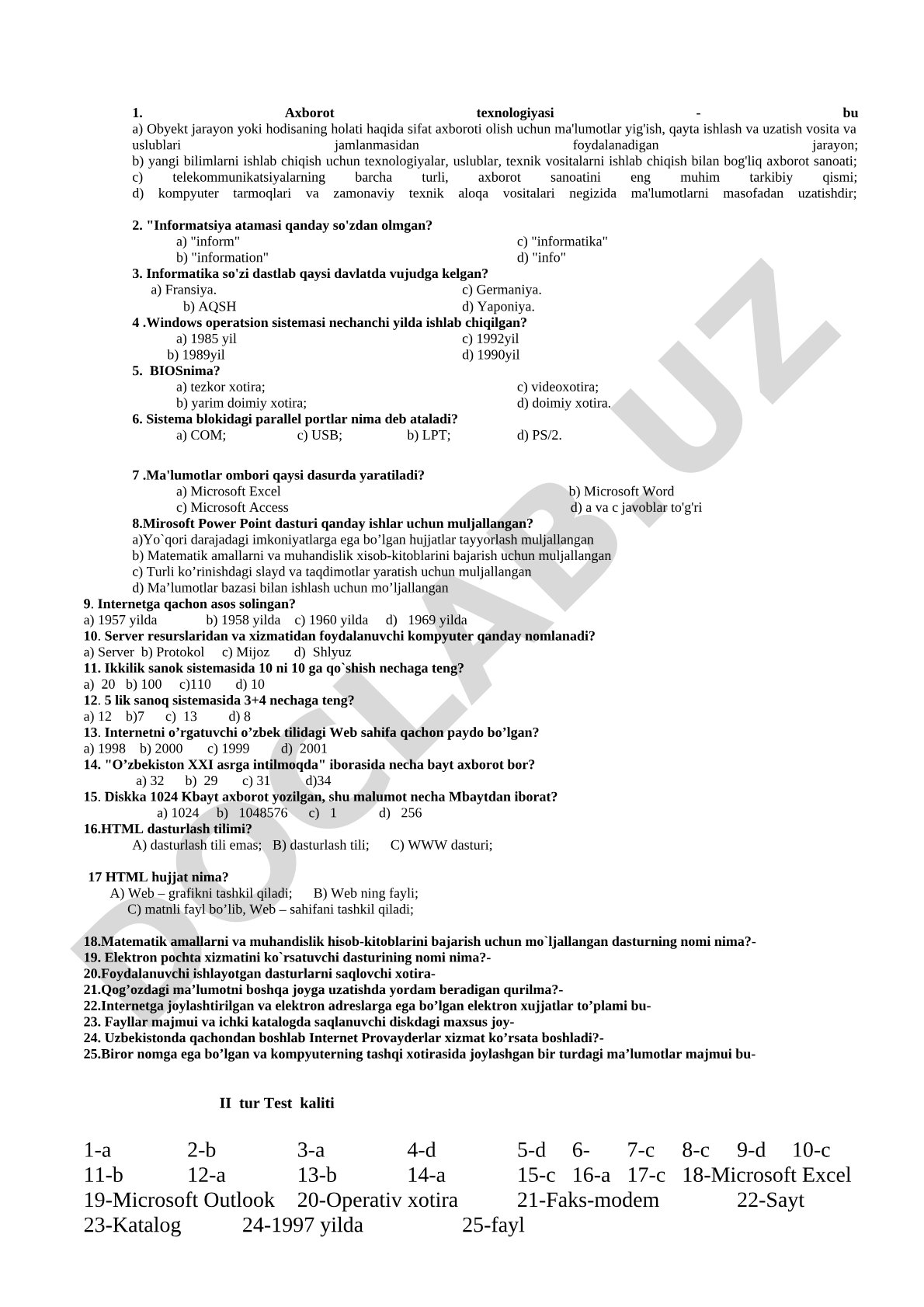 Axborot texnologiyasi fanidan test savollari