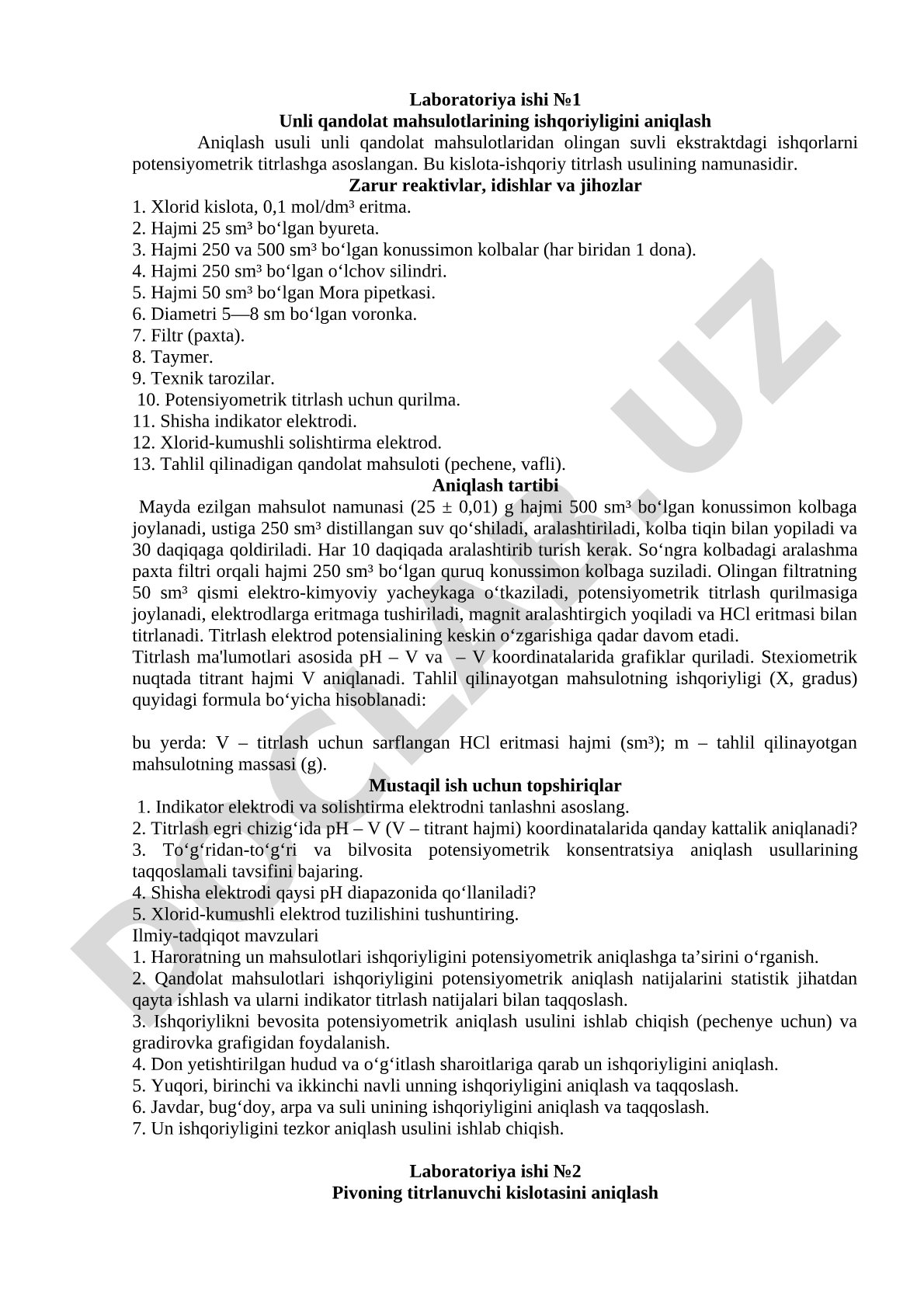 Laboratoriya ishi №1 Unli qandolat mahsulotlarining ishqoriyligini aniqlash