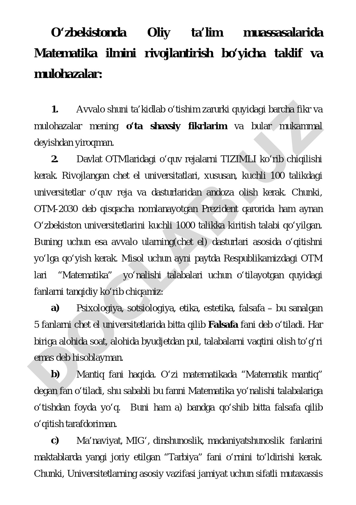 O‘zbekistonda Oliy ta’lim muassasalarida Matematika ilmini rivojlantirish bo‘yicha taklif va mulohazalar