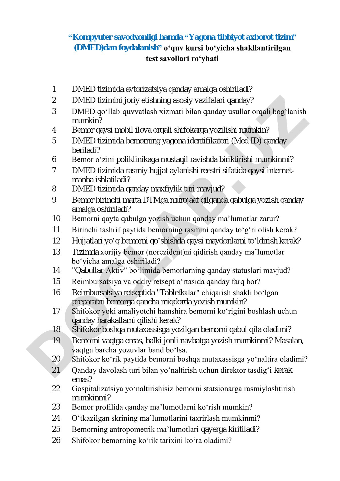 Kompyuter savodxonligi va DMED tizimidan foydalanish test savollari