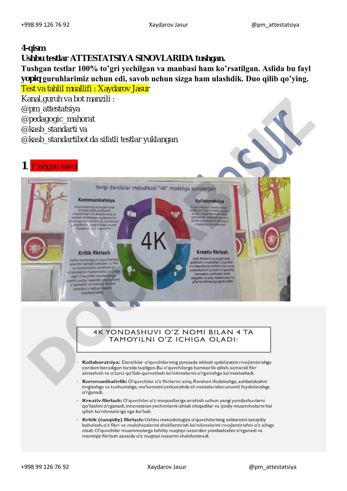 Attestatsiya testlari va to'g'ri javoblar