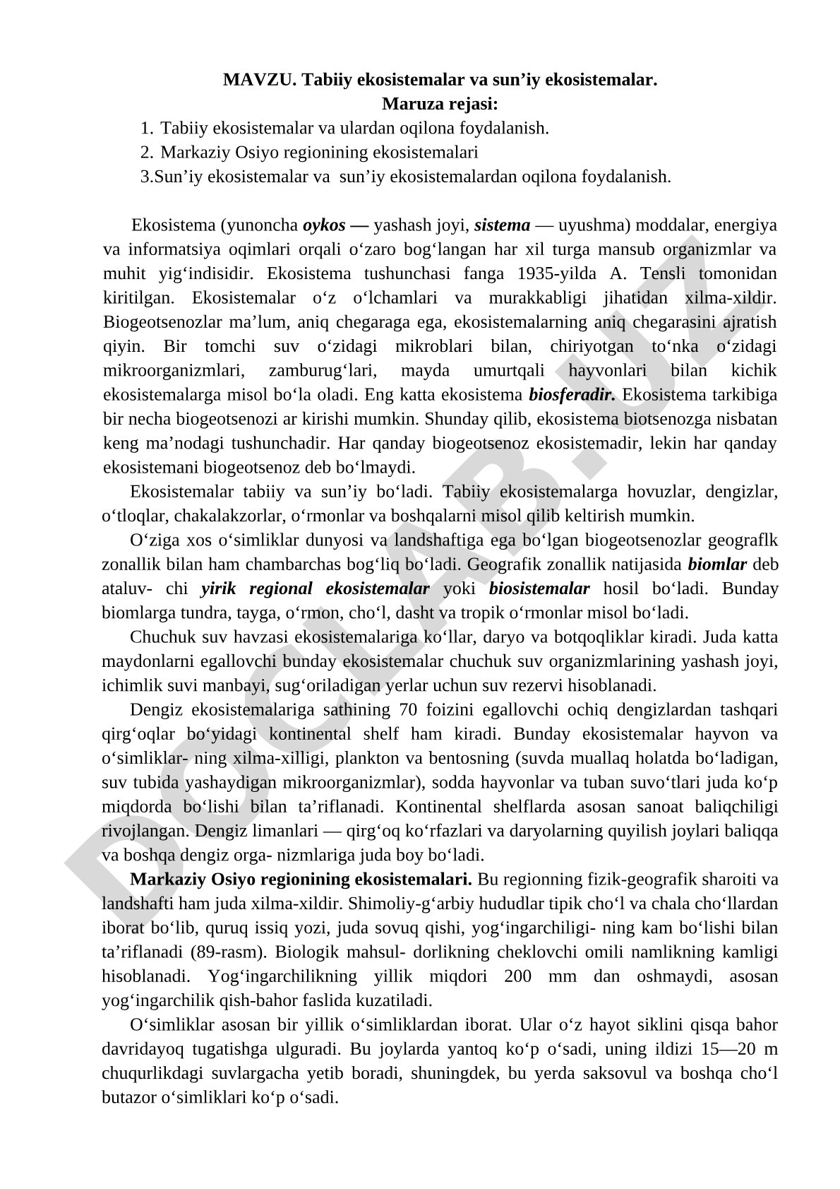 Tabiiy ekosistemalar va sun’iy ekosistemalar