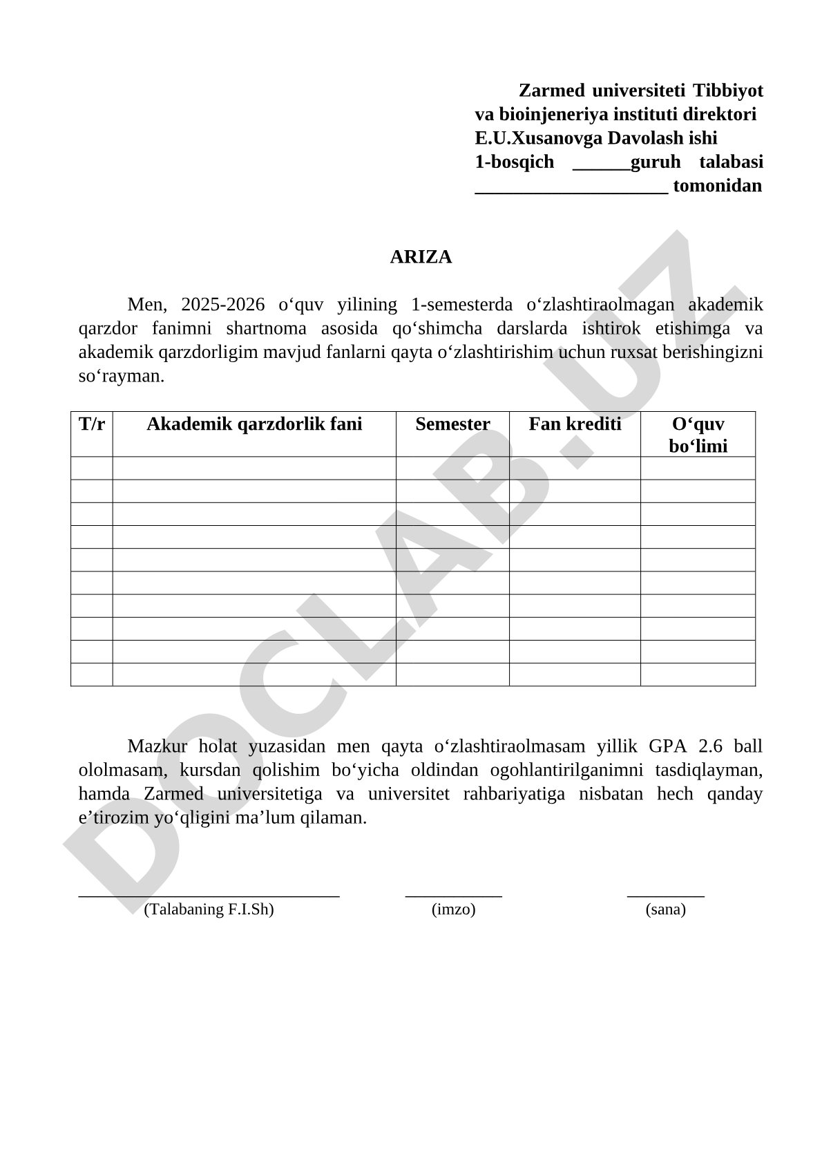 Akademik qarzdorlik fanlarini qayta o‘zlashtirish uchun ariza