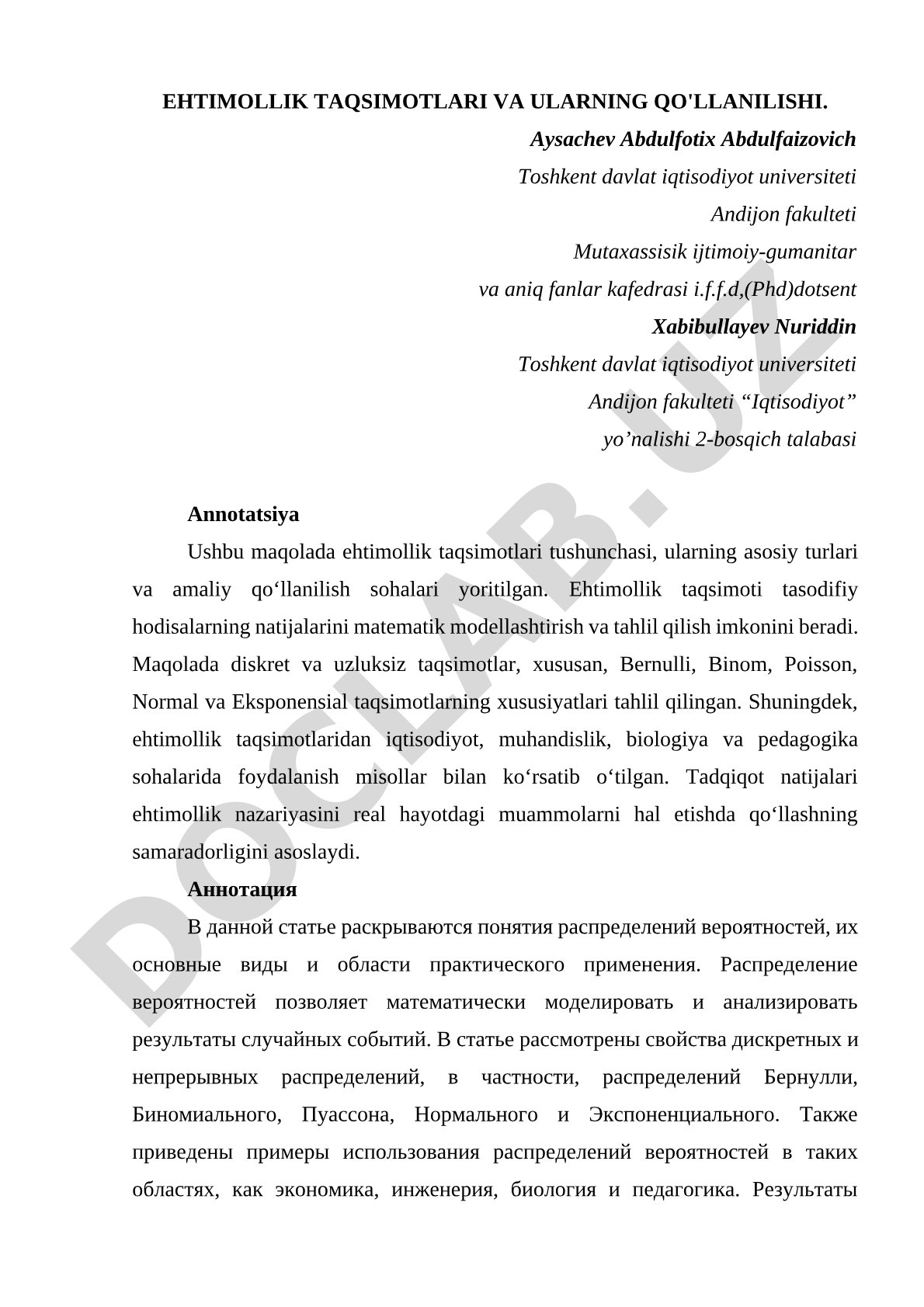 Ehtimollik taqsimotlari va ularning qo'llanilishi