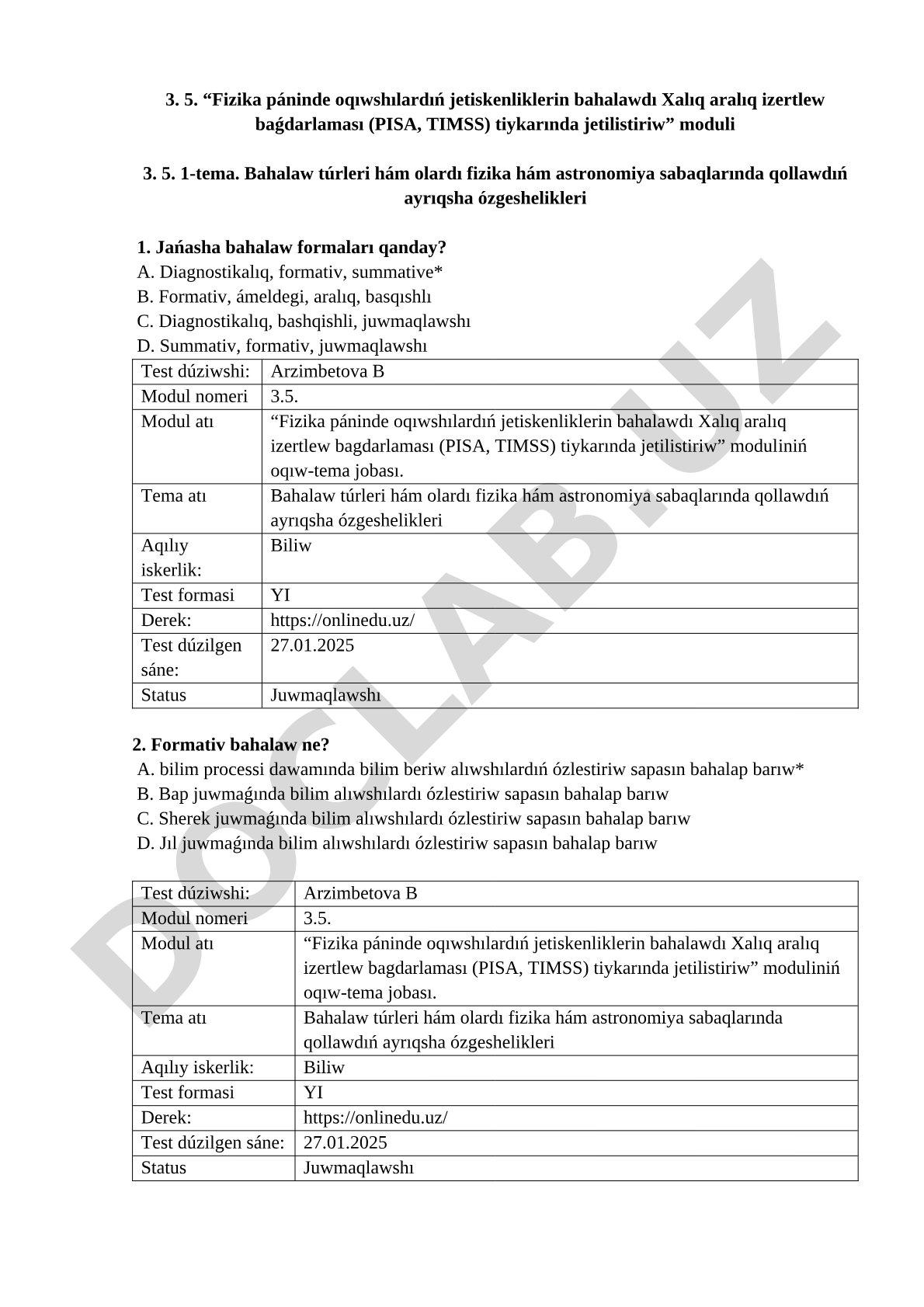 Bahalaw túrleri hám olardı fizika hám astronomiya sabaqlarında qollawdıń ayrıqsha ózgeshelikleri