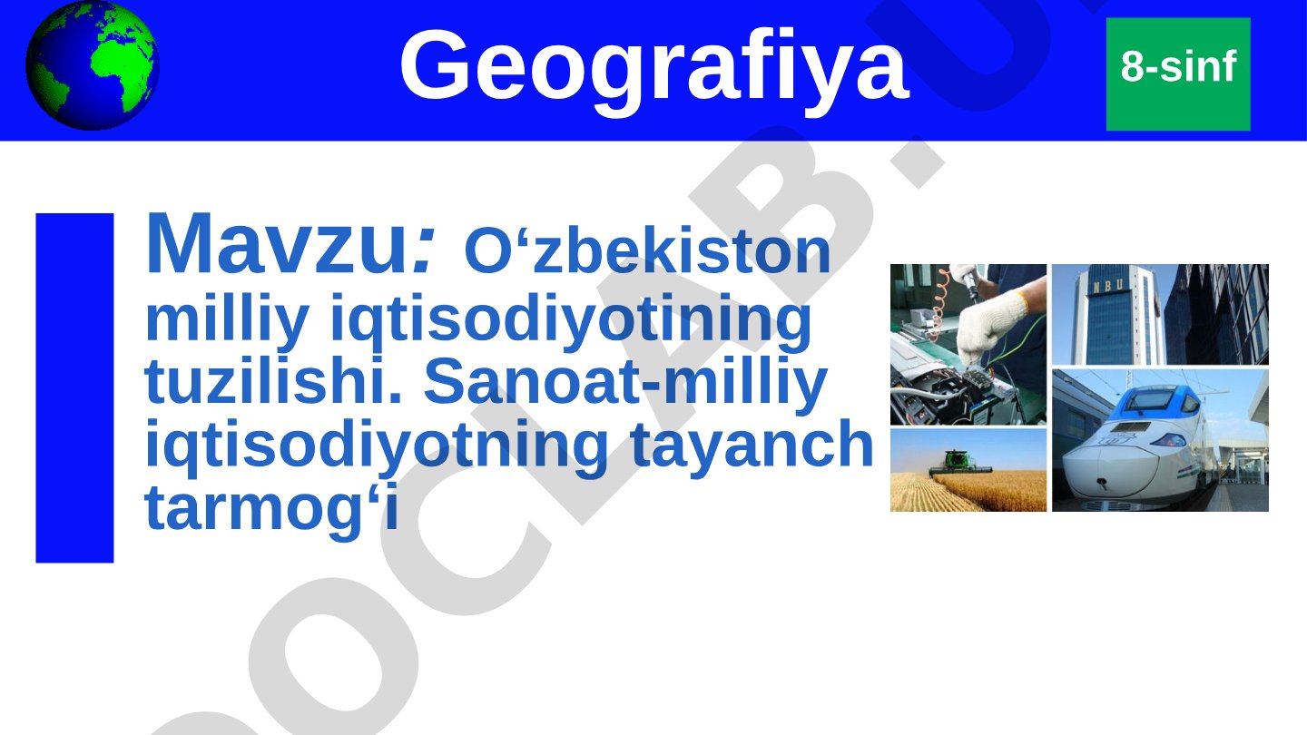 O‘zbekiston milliy iqtisodiyotining tuzilishi. Sanoat-milliy iqtisodiyotning tayanch tarmog‘i 8-sinf