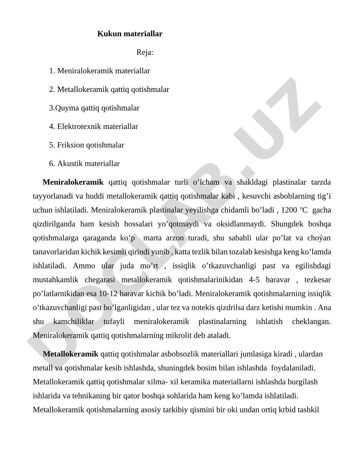Meniralokeramik qattiq qotishmalarning xossalari va qo'llanilishi