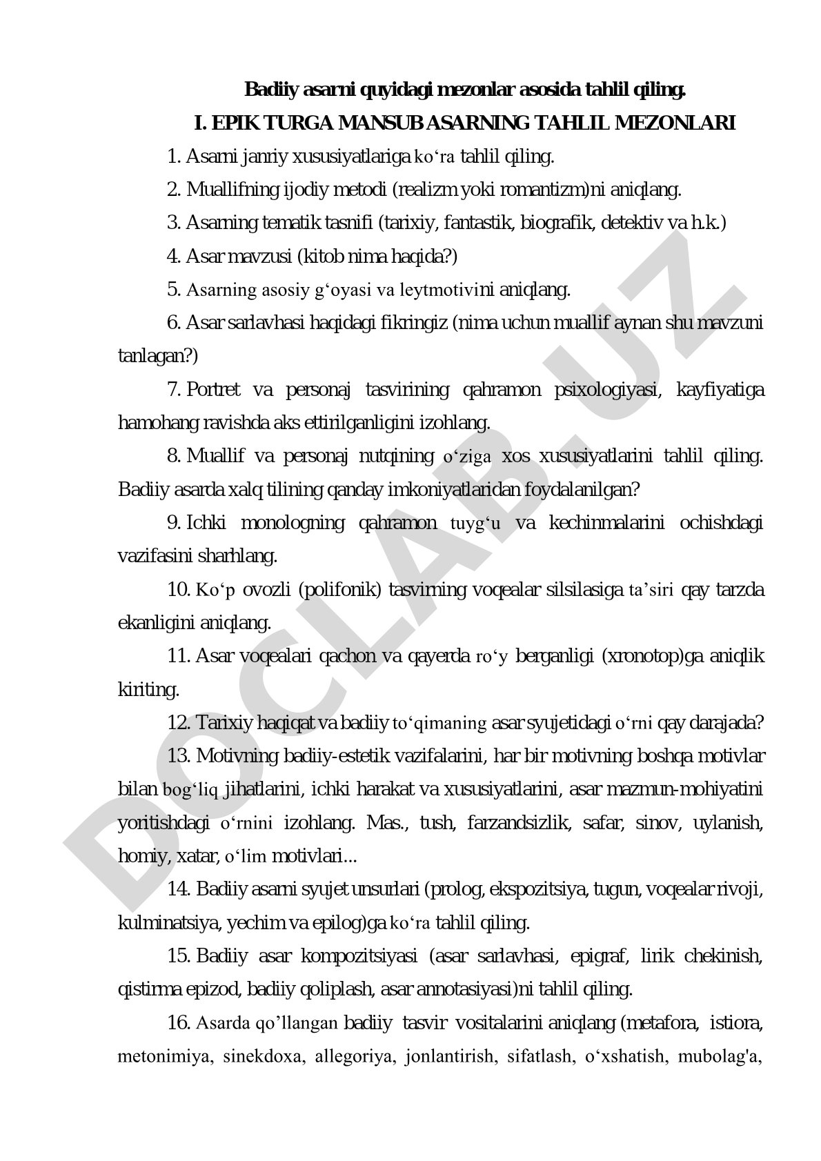 Epik turga mansub asarning tahlil mezonlari