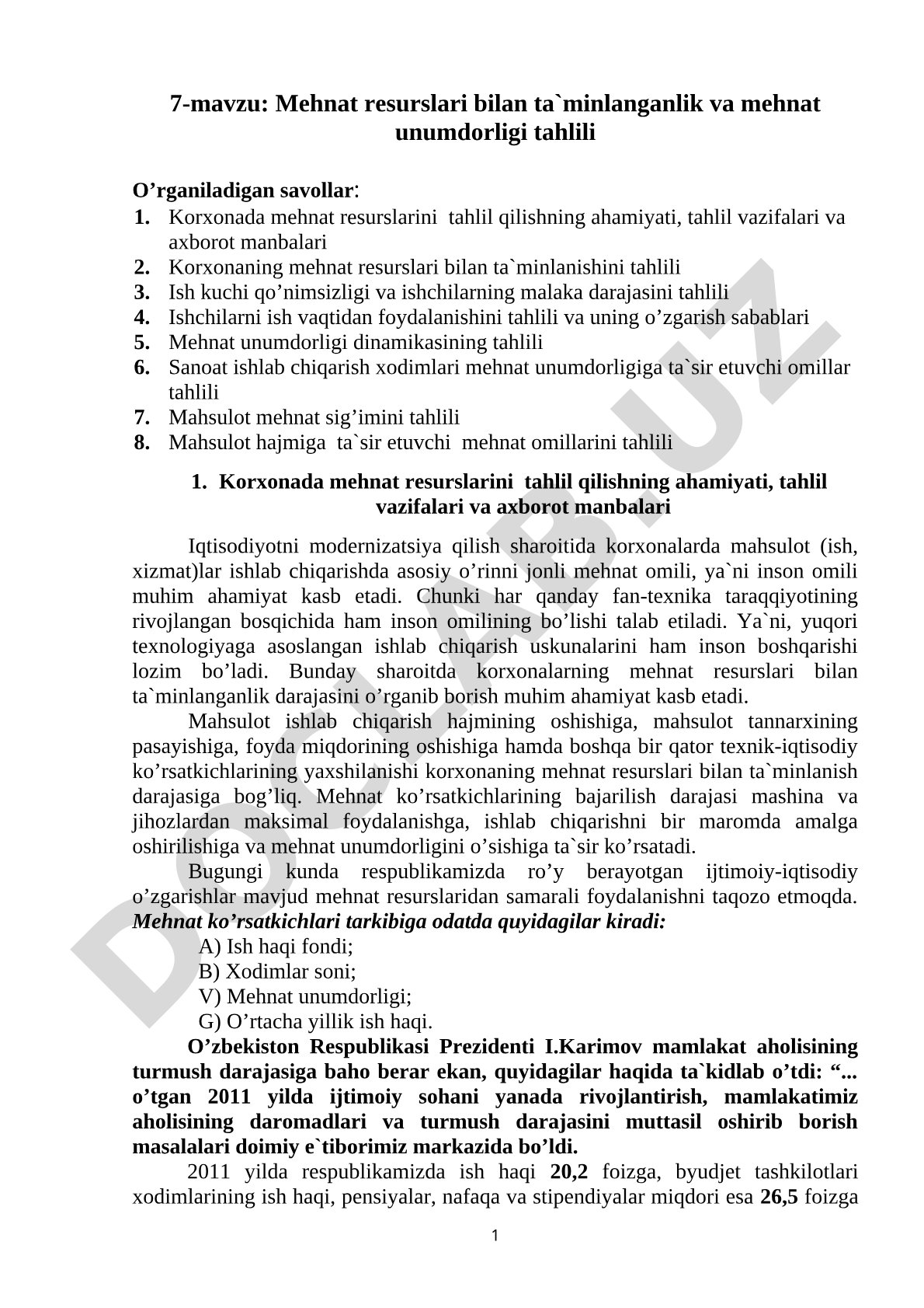 Mehnat resurslari bilan ta`minlanganlik va mehnat unumdorligi tahlili