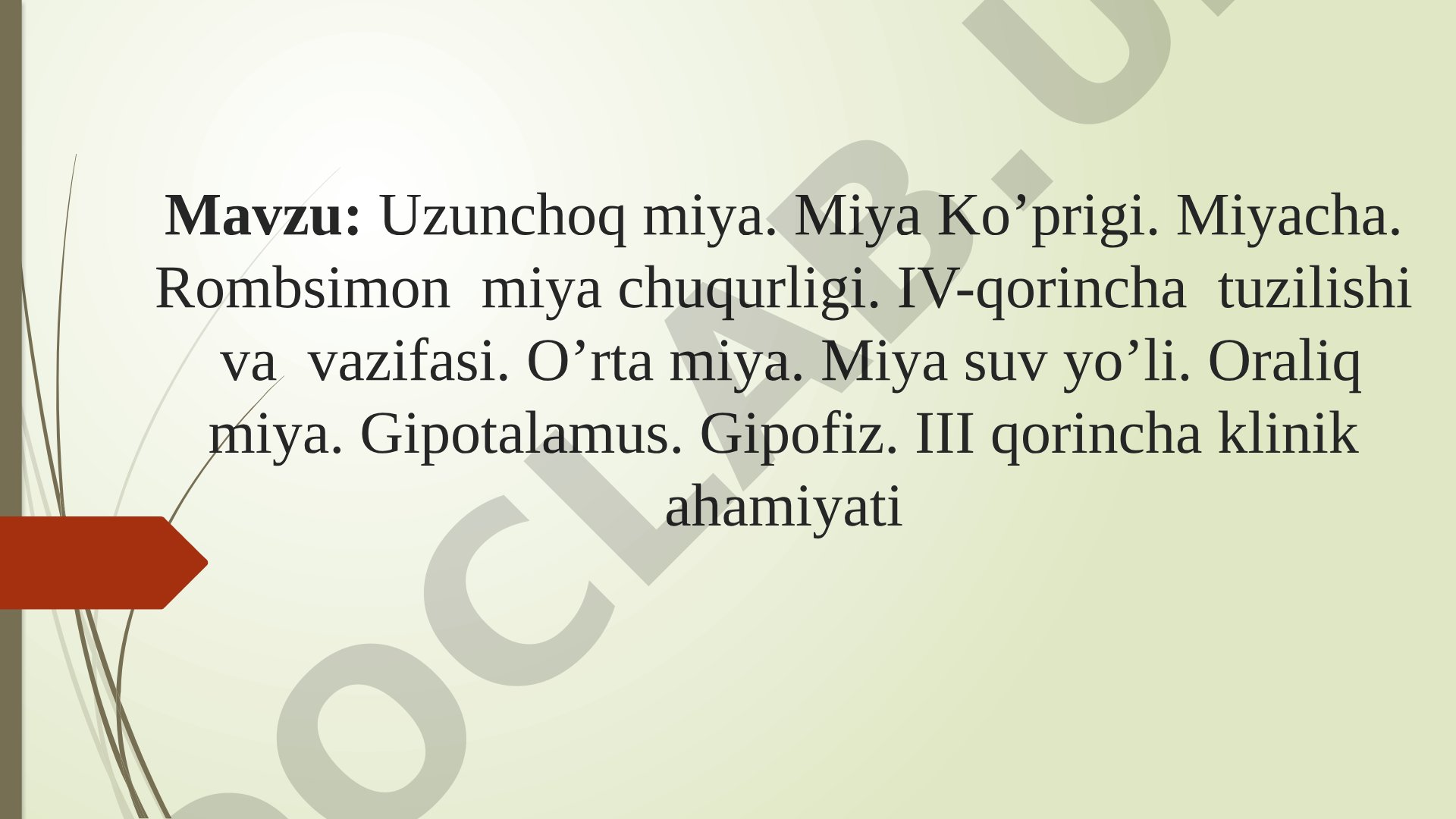 Uzunchoq miya. Miya Ko’prigi. Miyacha. Rombsimon miya chuqurligi. IV-qorincha tuzilishi va vazifasi. O’rta miya. Miya suv yo’li. Oraliq miya. Gipotalamus. Gipofiz. III qorincha klinik ahamiyati