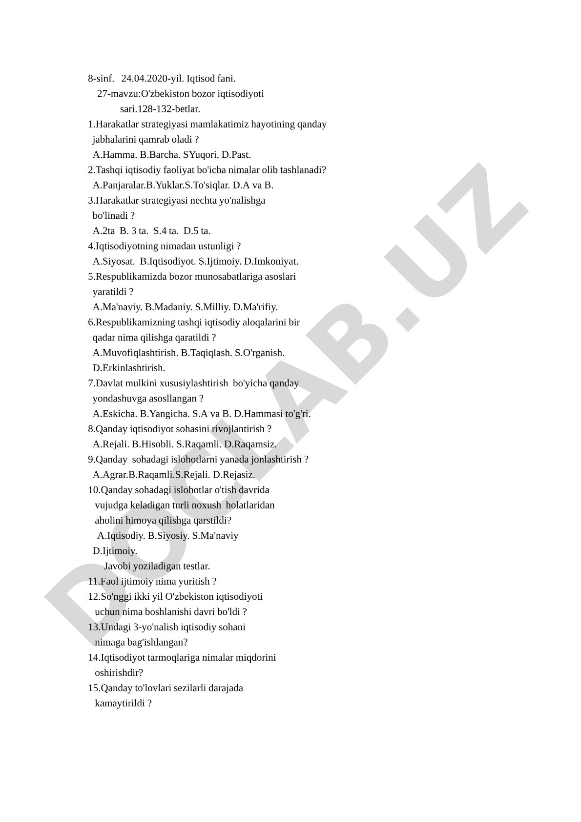 O'zbekiston bozor iqtisodiyoti sari
