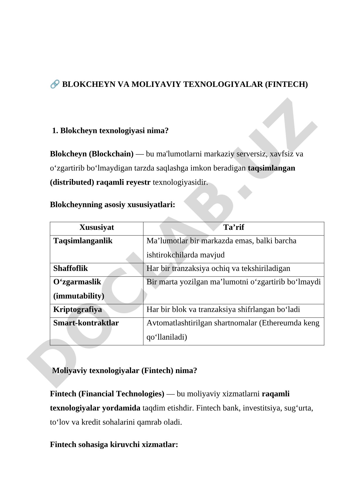 Blokcheyn va moliyaviy texnologiyalar (Fintech)