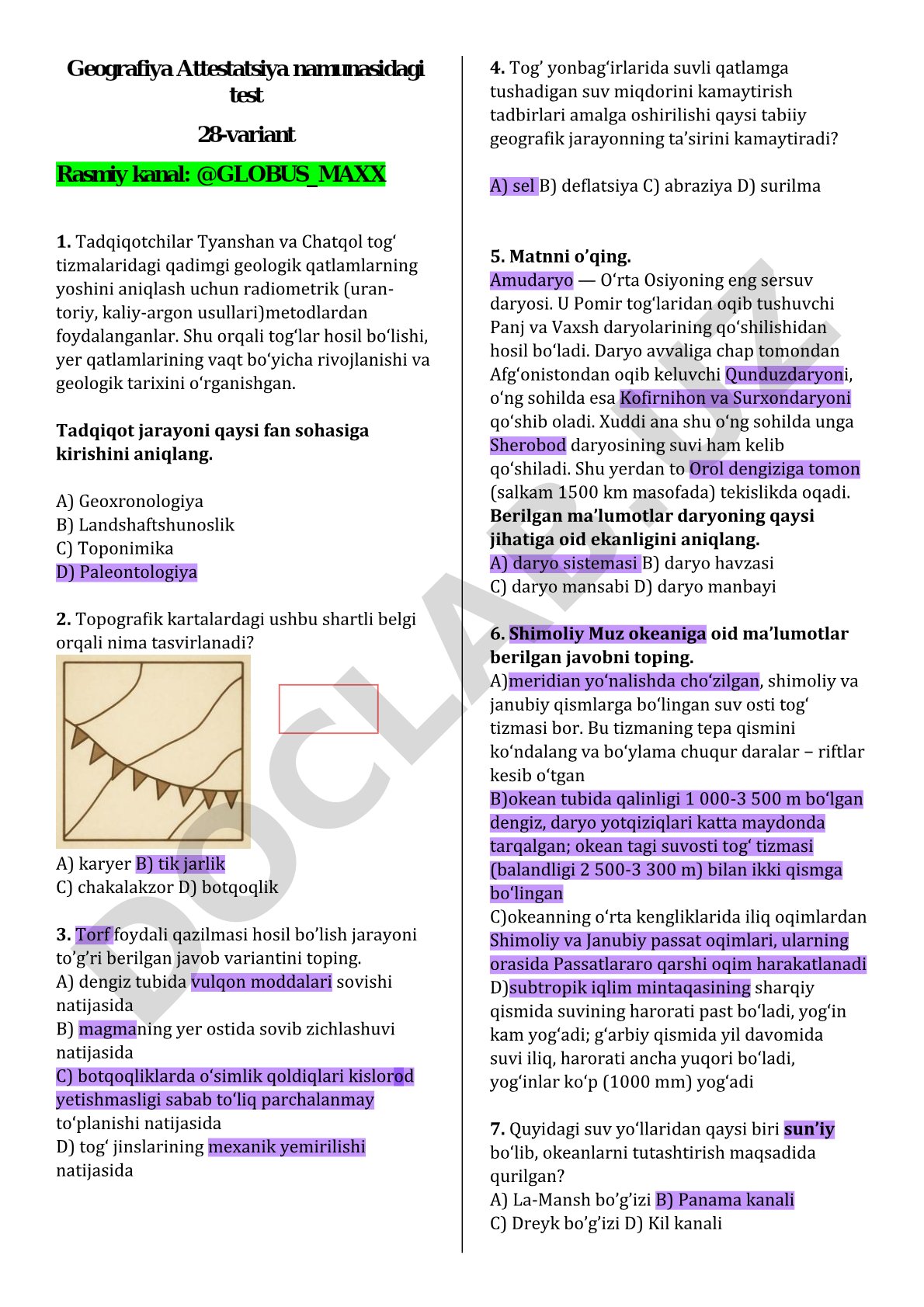 Geografiya Attestatsiya namunasidagi test 28-variant