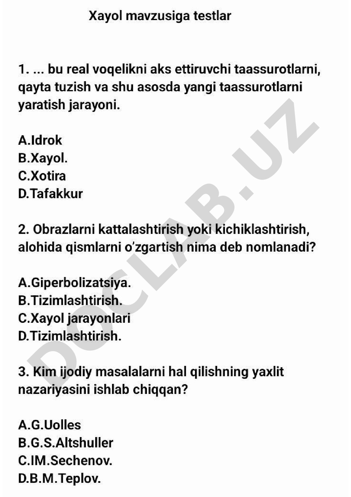 Xayol mavzusiga testlar