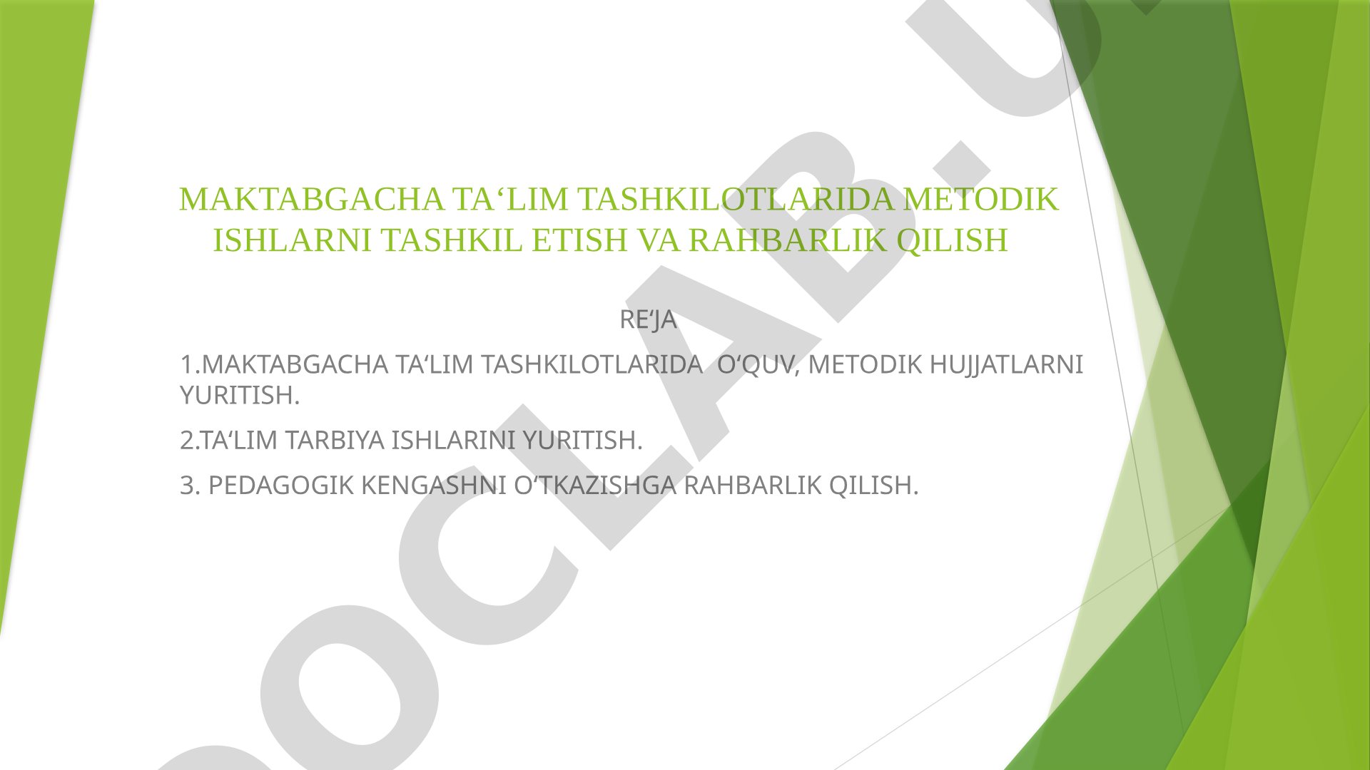 Maktabgacha ta'lim tashkilotlarida metodik ishlarni tashkil etish va rahbarlik qilish re'jasi