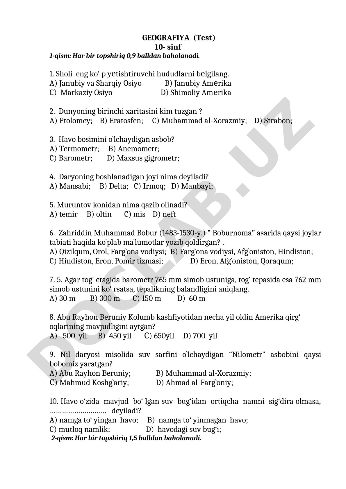 Geografiya 10-sinf 1-qism test savollari
