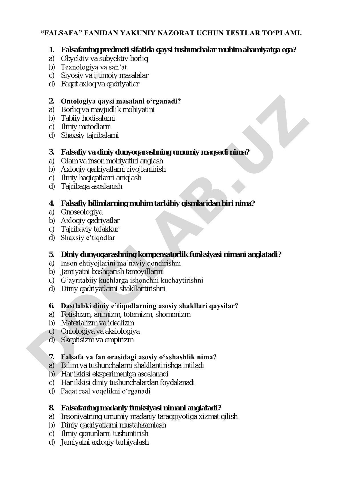 Falsafadan yakuniy nazorat testlari