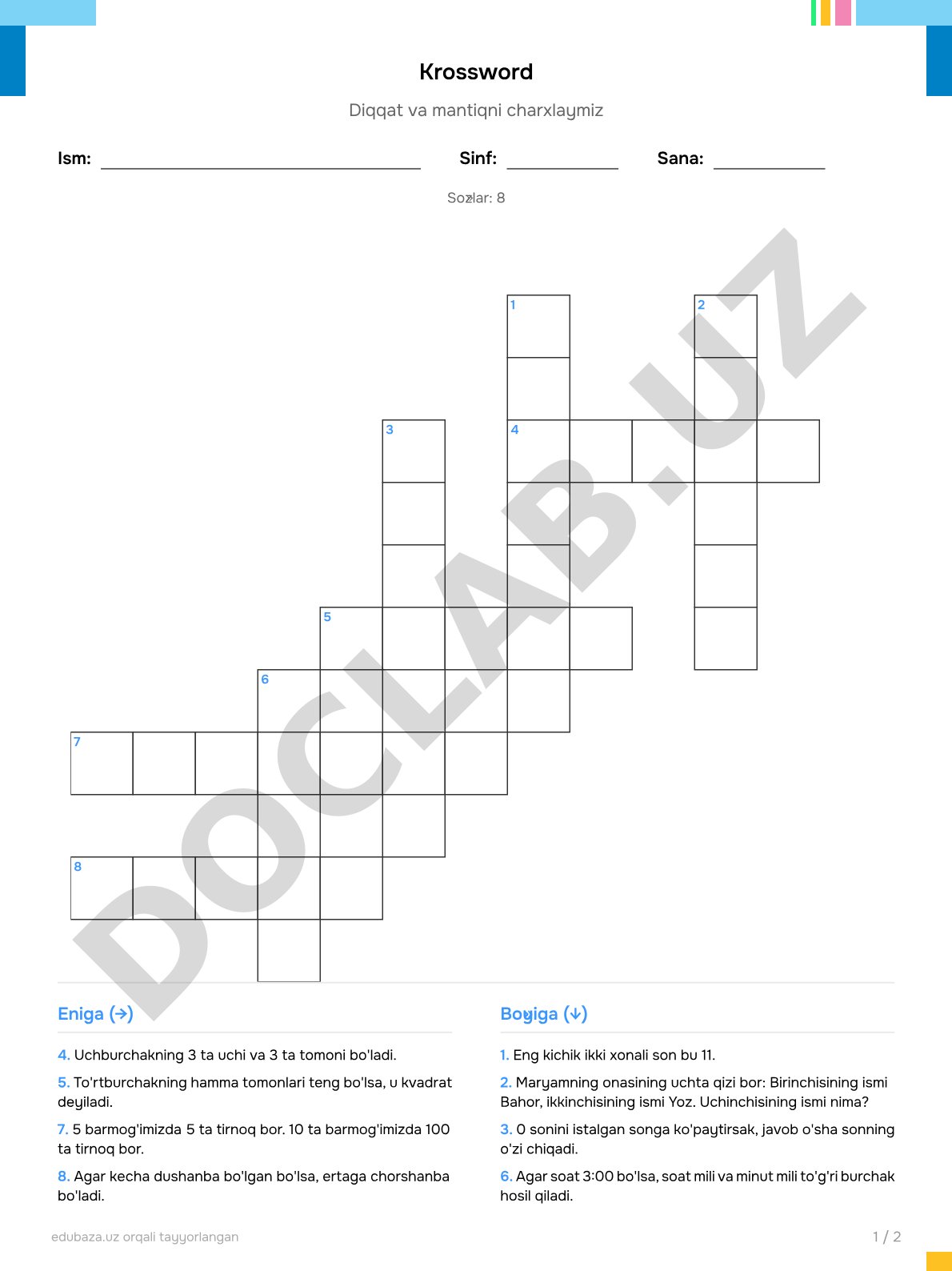 Krossword Diqqat va mantiqni charxlaymiz