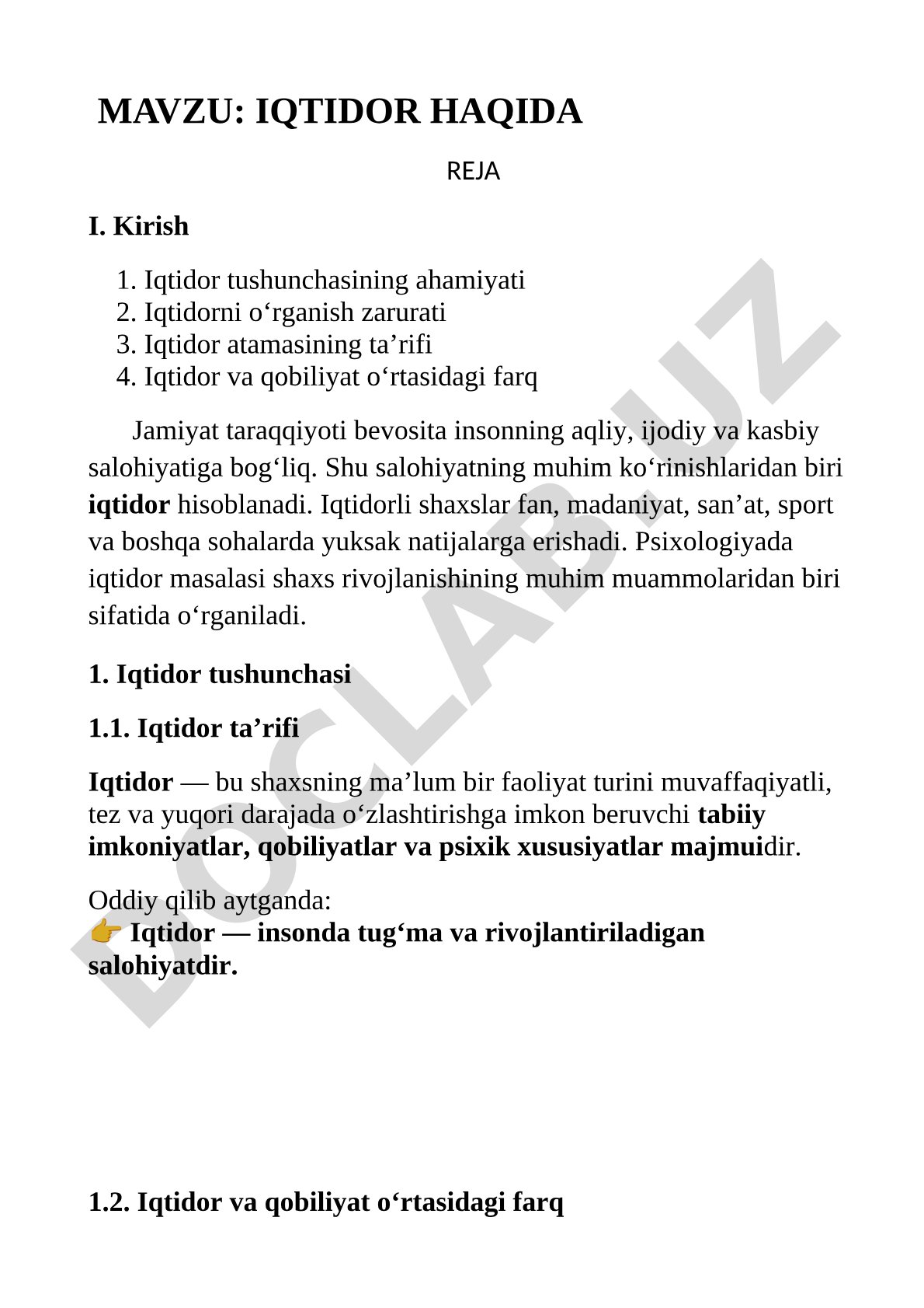 Iqtidor haqida reja