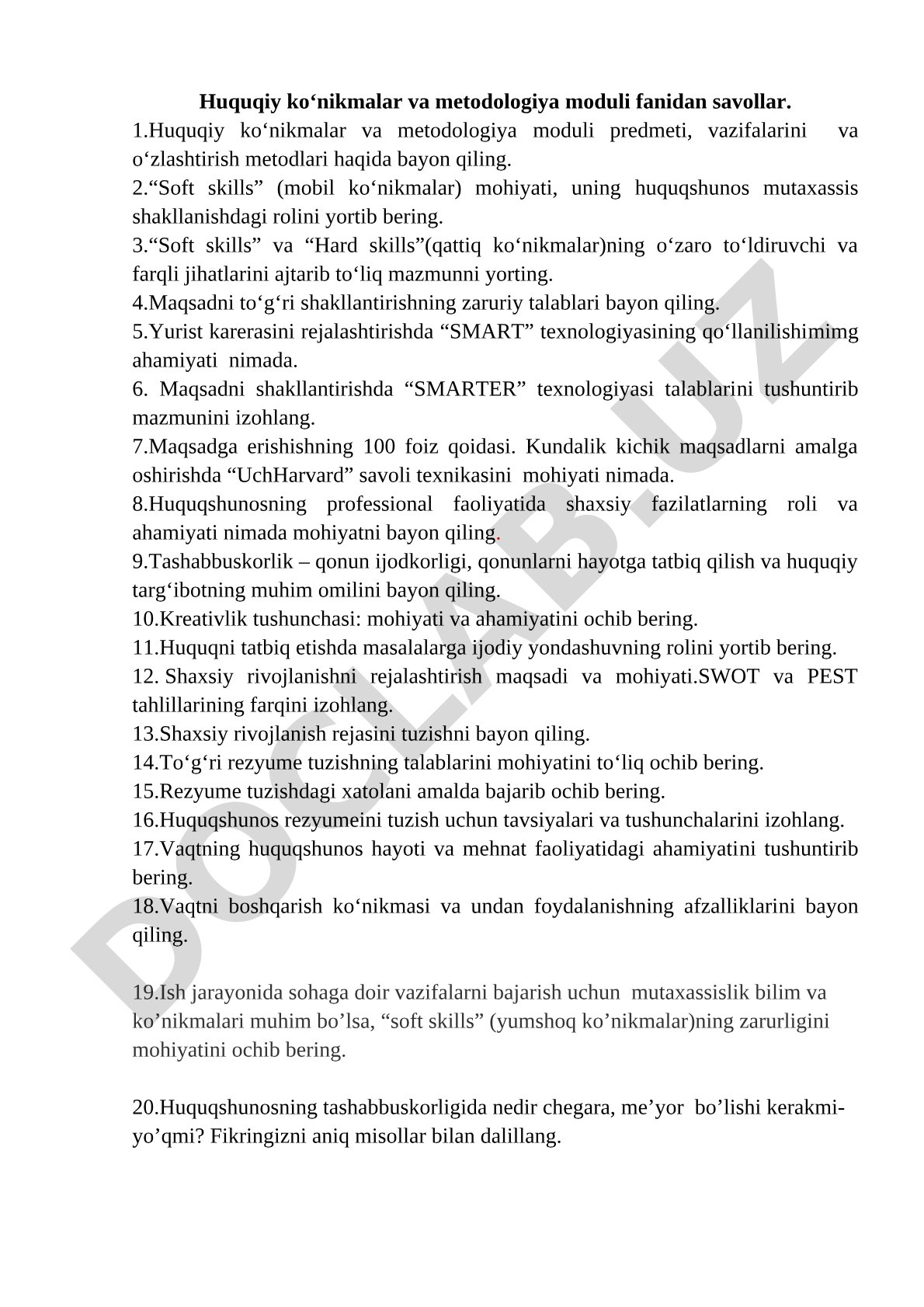 Huquqiy ko'nikmalar va metodologiya moduli savollari