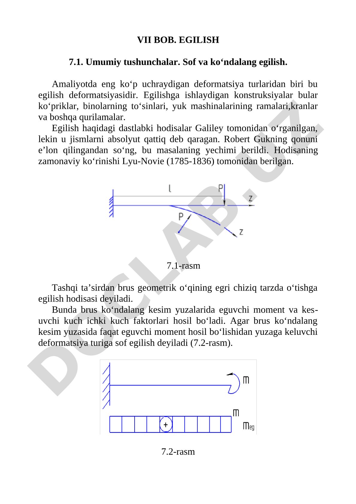 VII bob. Egilish 7.1. Umumiy tushunchalar. Sof va ko‘ndalang egilish