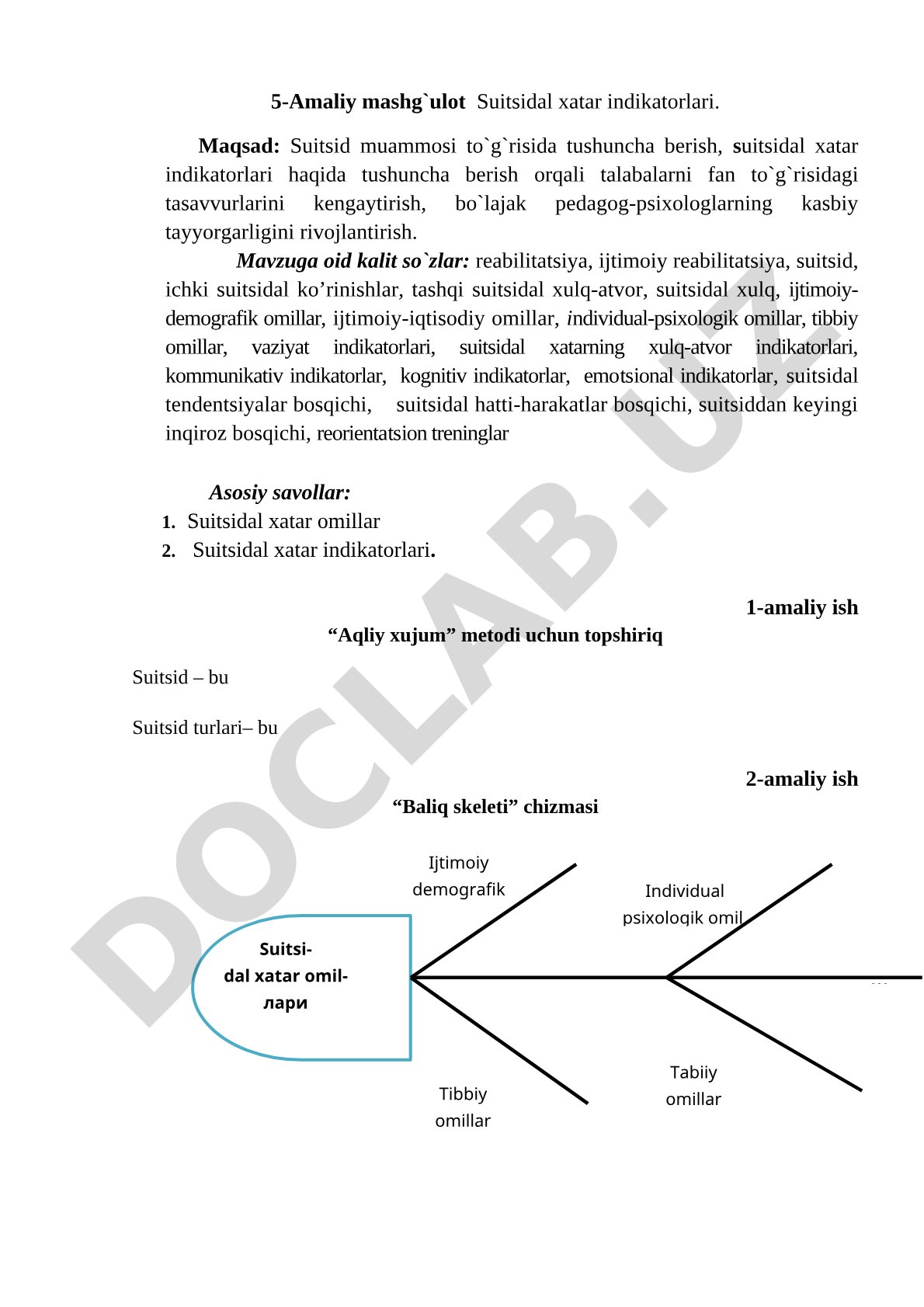 Suitsidal xatar indikatorlari omillari va turlari, amaliy mashqlar bilan
