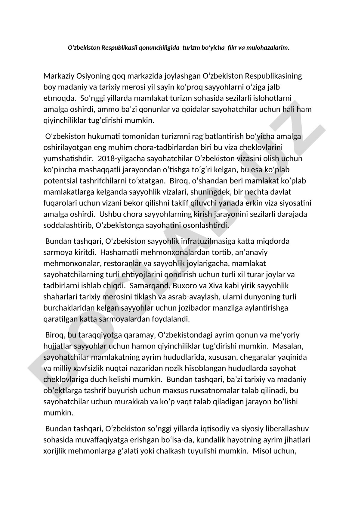 O'zbekiston Respublikasida turizm qonunchiligi va islohotlar