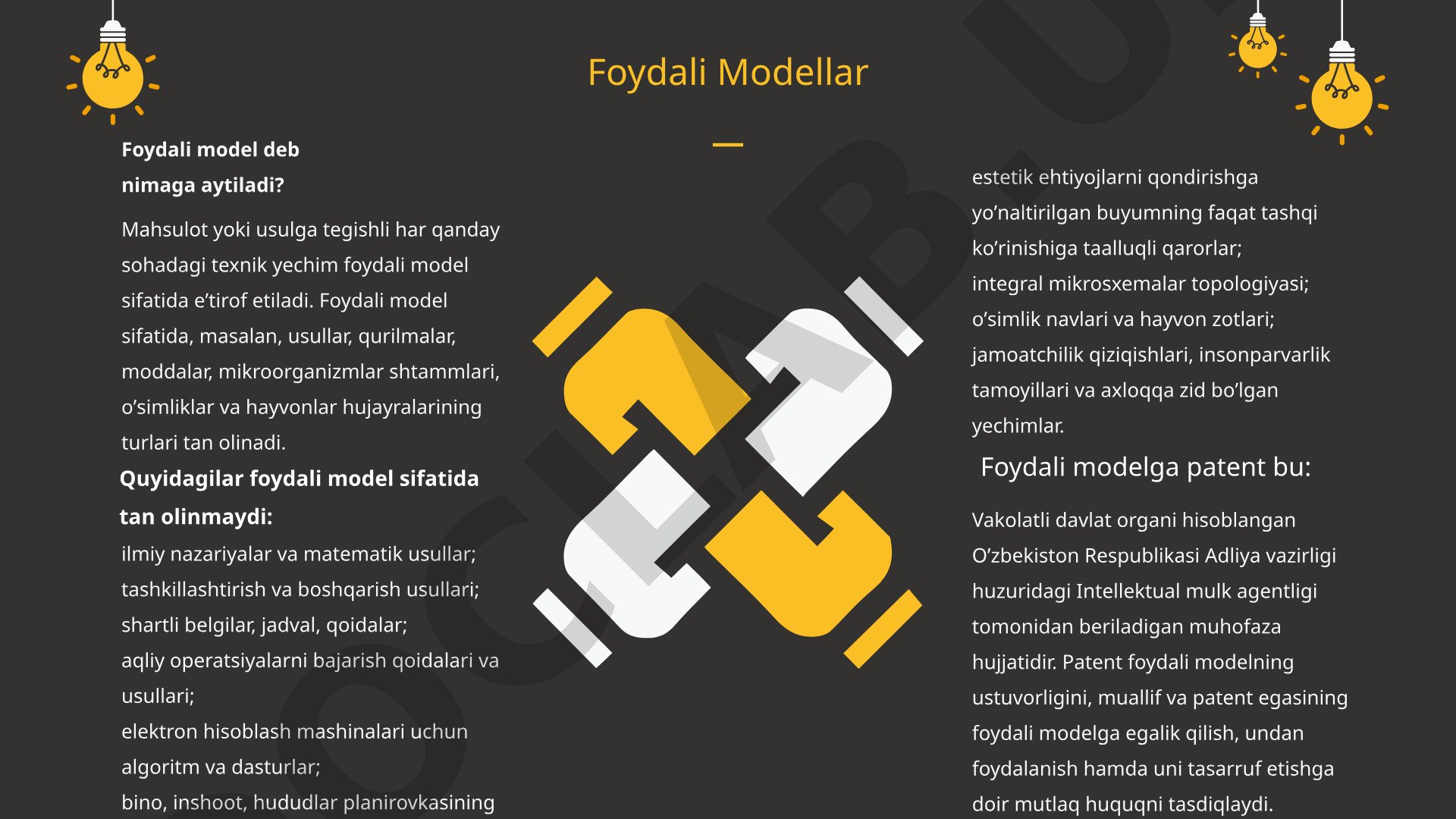 Foydali model tushunchasi, patent obyektlari va istisno holatlar