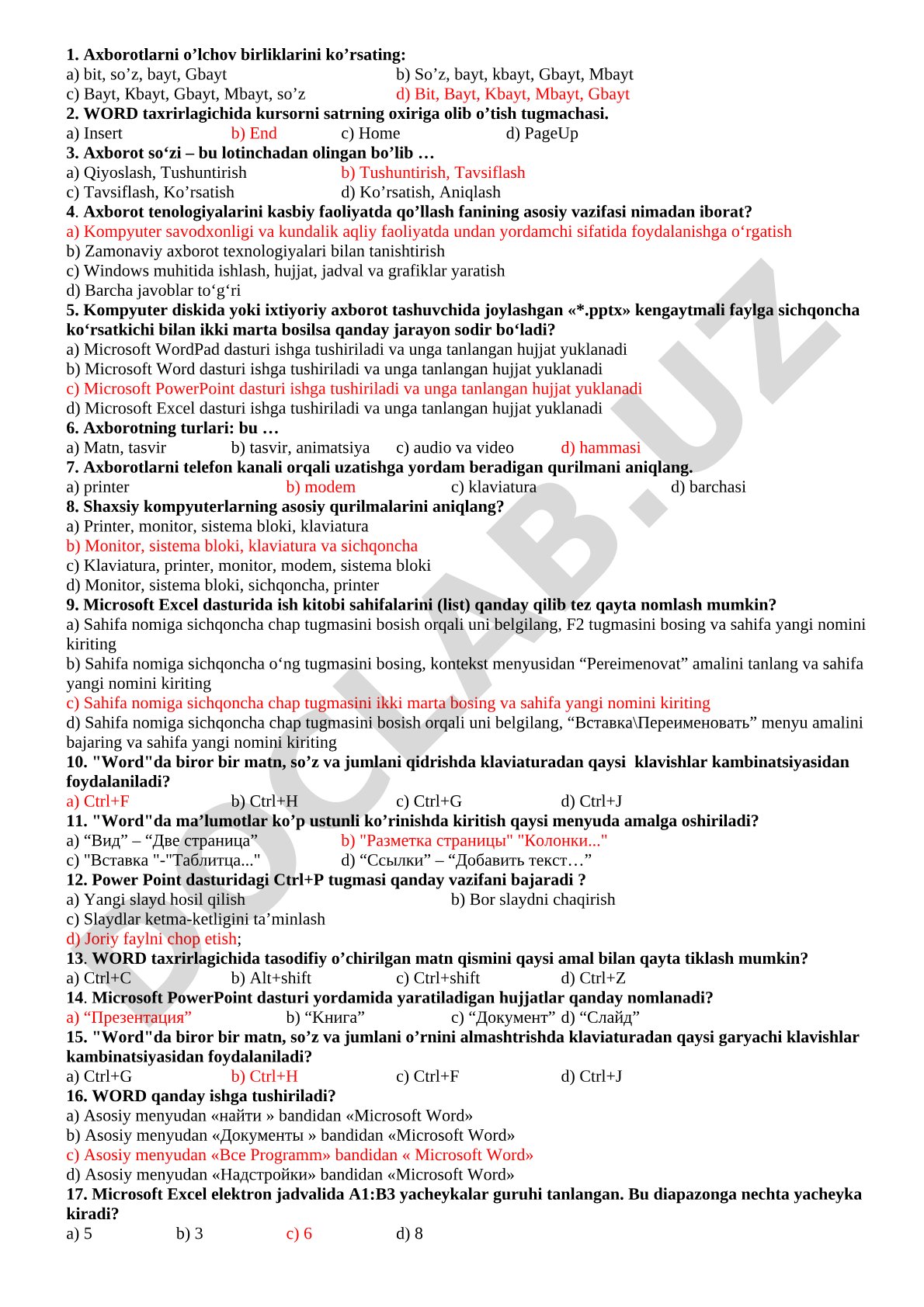 Axborot texnologiyalari bo'yicha test savollari