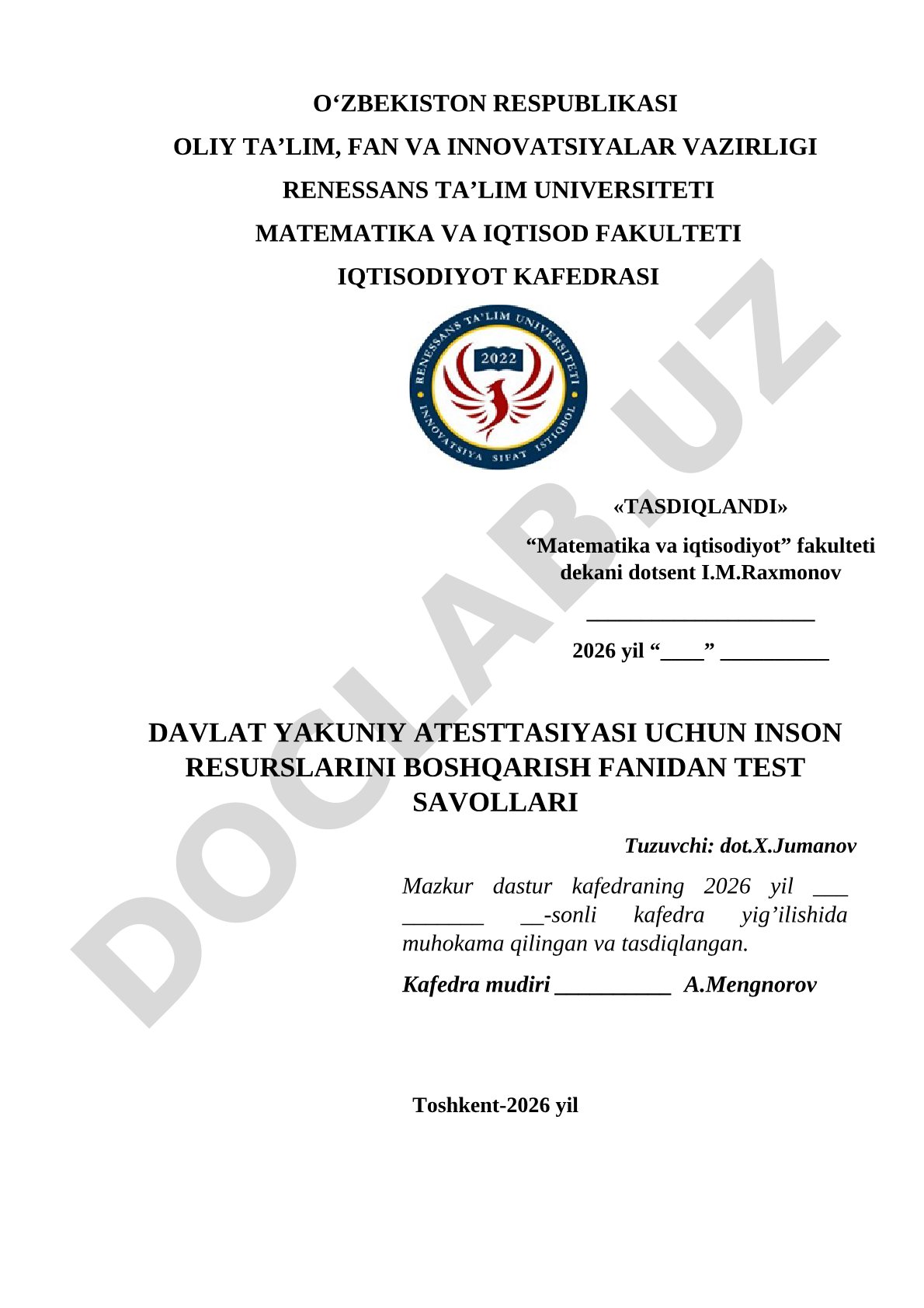 Inson resurslarini boshqarish fanidan davlat yakuniy attestatsiyasi test savollari