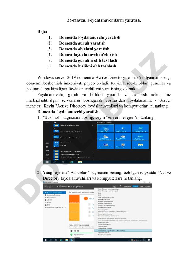 Windows Server 2019 Active Directory domenida foydalanuvchi, guruh va birlik yaratish