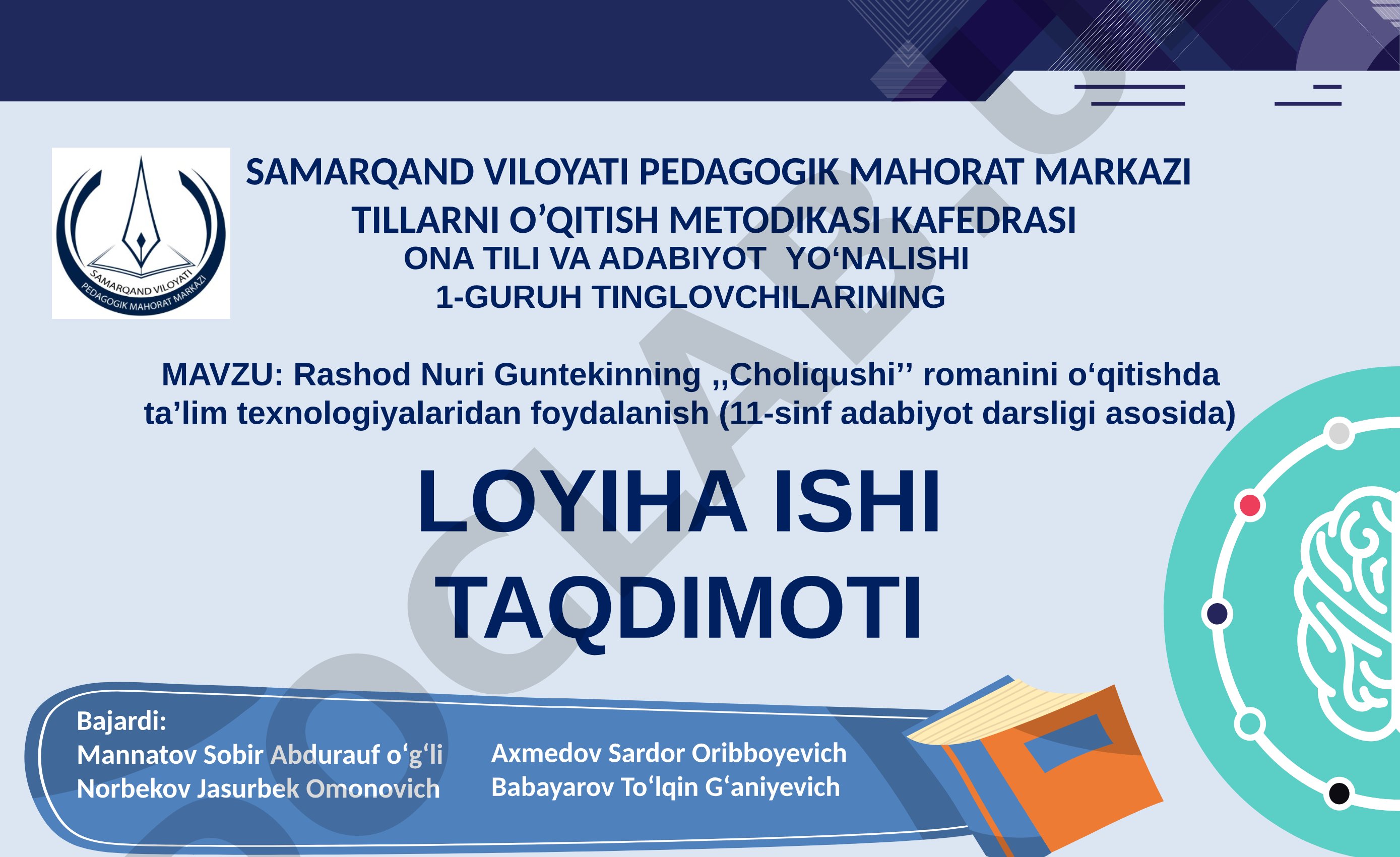Rashod Nuri Guntekinning 'Choliqushi' romanini o'qitishda ta'lim texnologiyalaridan foydalanish (11-sinf adabiyot darsligi asosida)