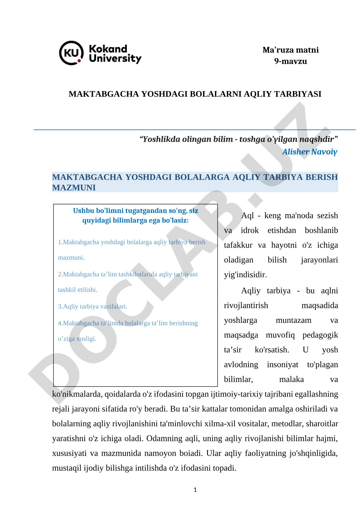 Maktabgacha yoshdagi bolalarni aqliy tarbiyasi
