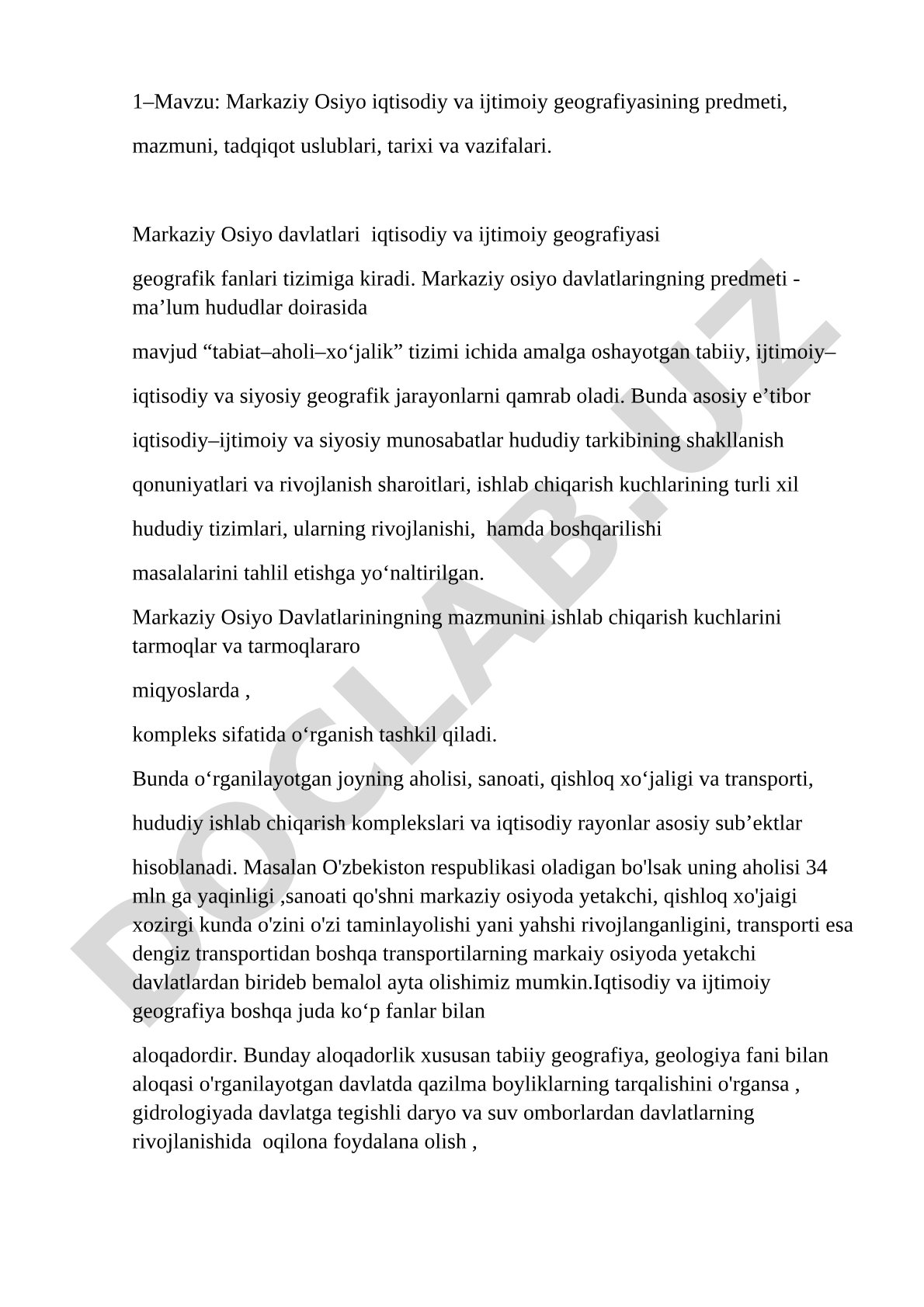 Markaziy Osiyo iqtisodiy va ijtimoiy geografiyasining predmeti, mazmuni, tadqiqot uslublari