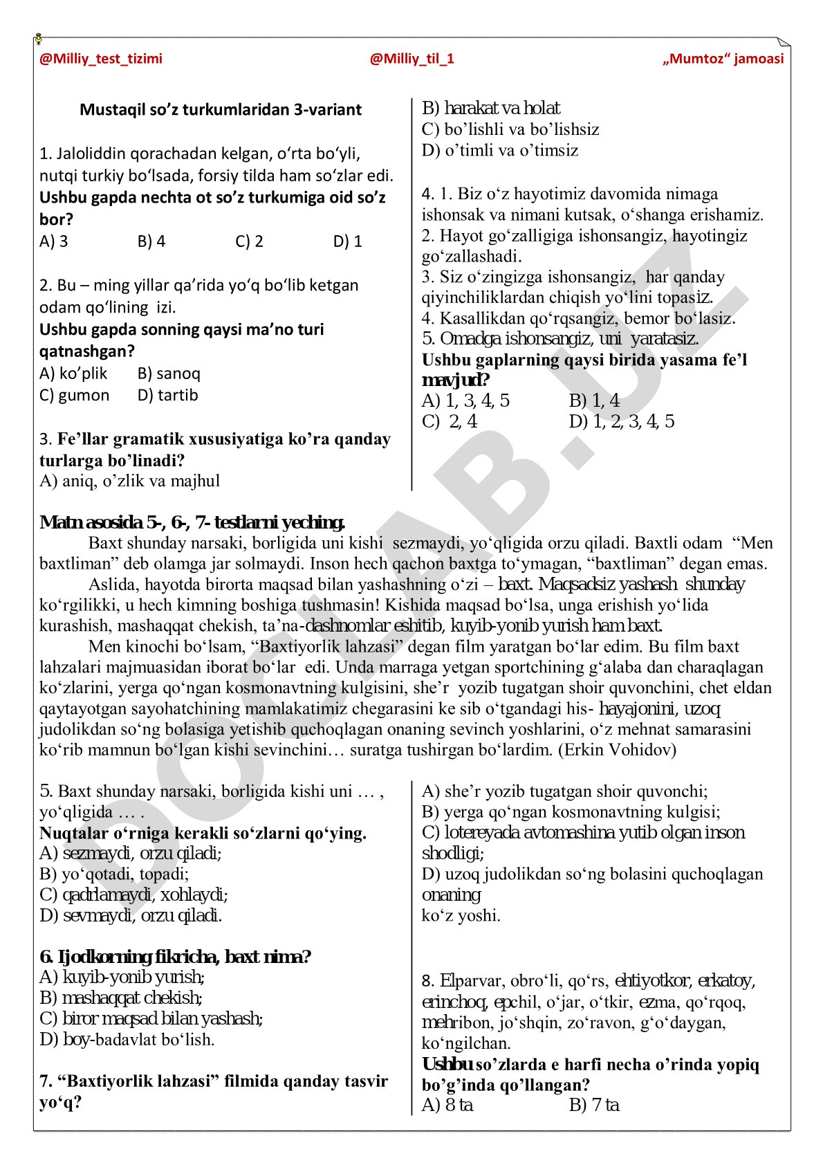Mustaqil so’z turkumlaridan 3-variant