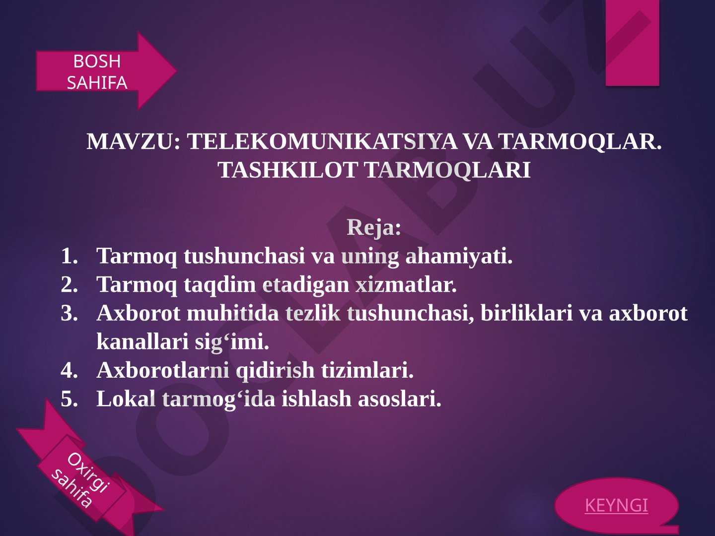Telekommunikatsiya va tarmoqlar. Tashkilot tarmoqlari