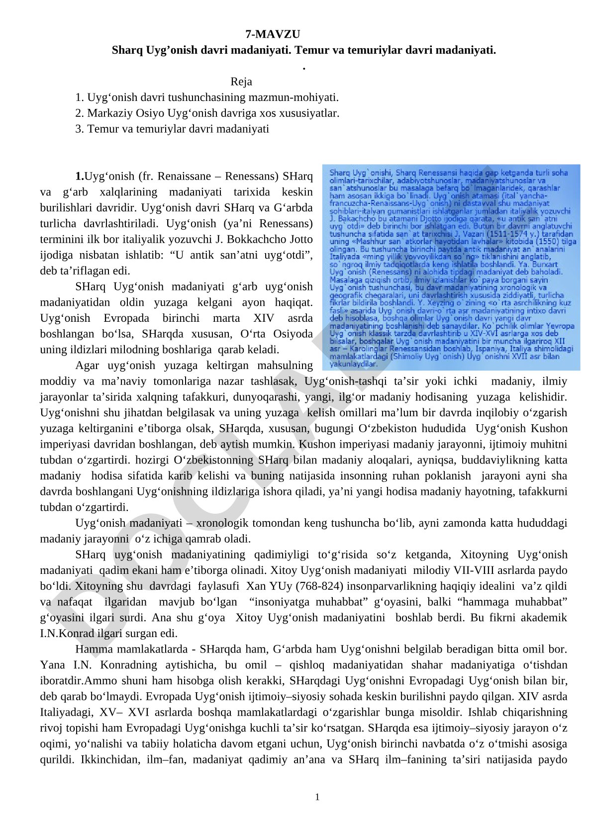 Sharq Uyg'onish davri madaniyati. Temur va temuriylar davri madaniyati