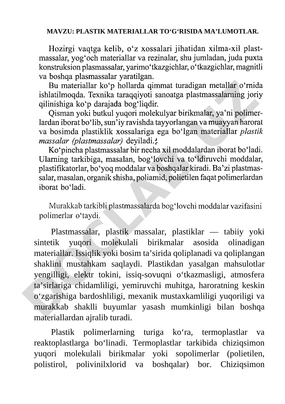 Plastik materiallar to‘g‘risida ma’lumotlar