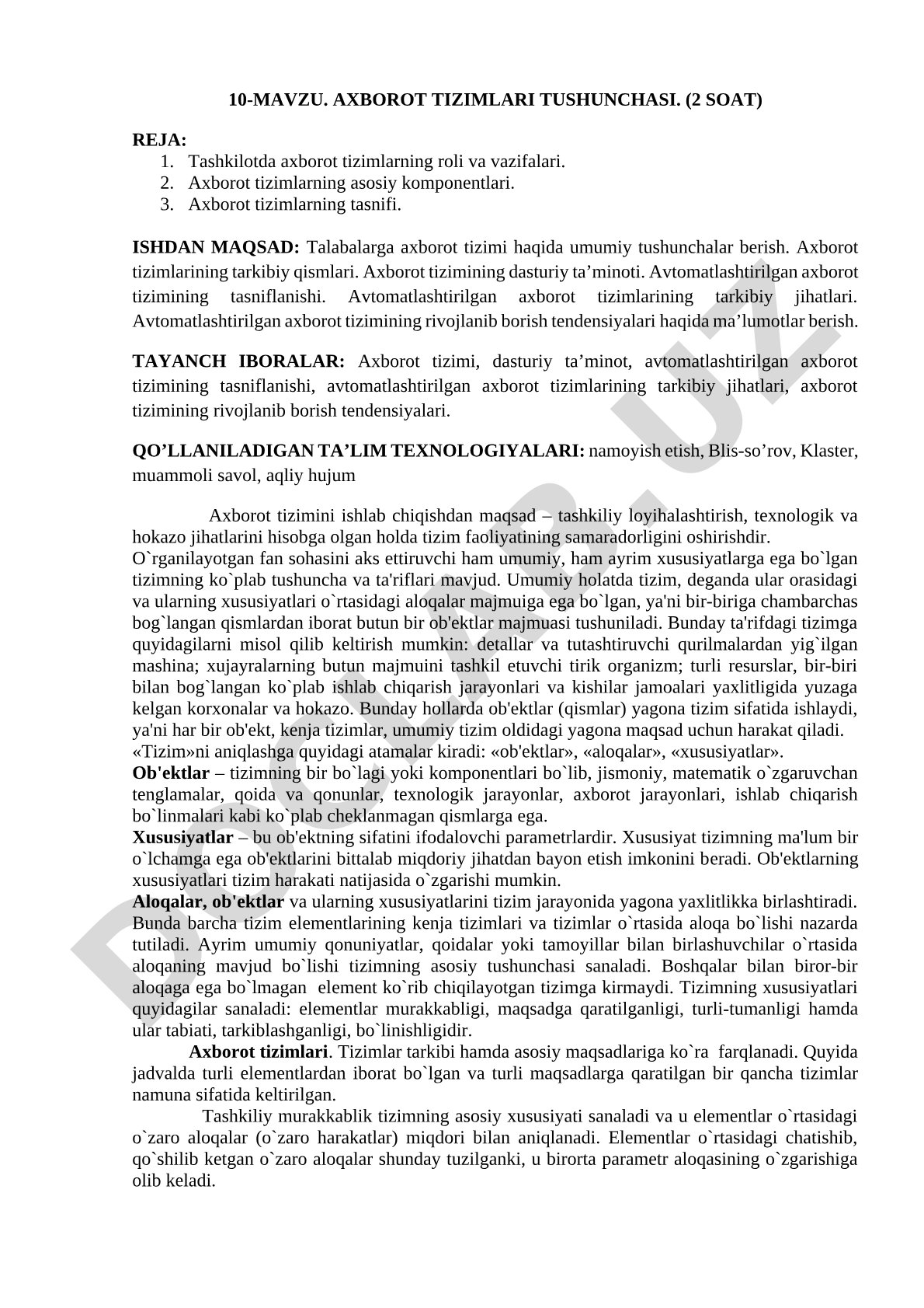 Axborot tizimlari tushunchasi, komponentlari, tasnifi va avtomatlashtirilgan tizimlar