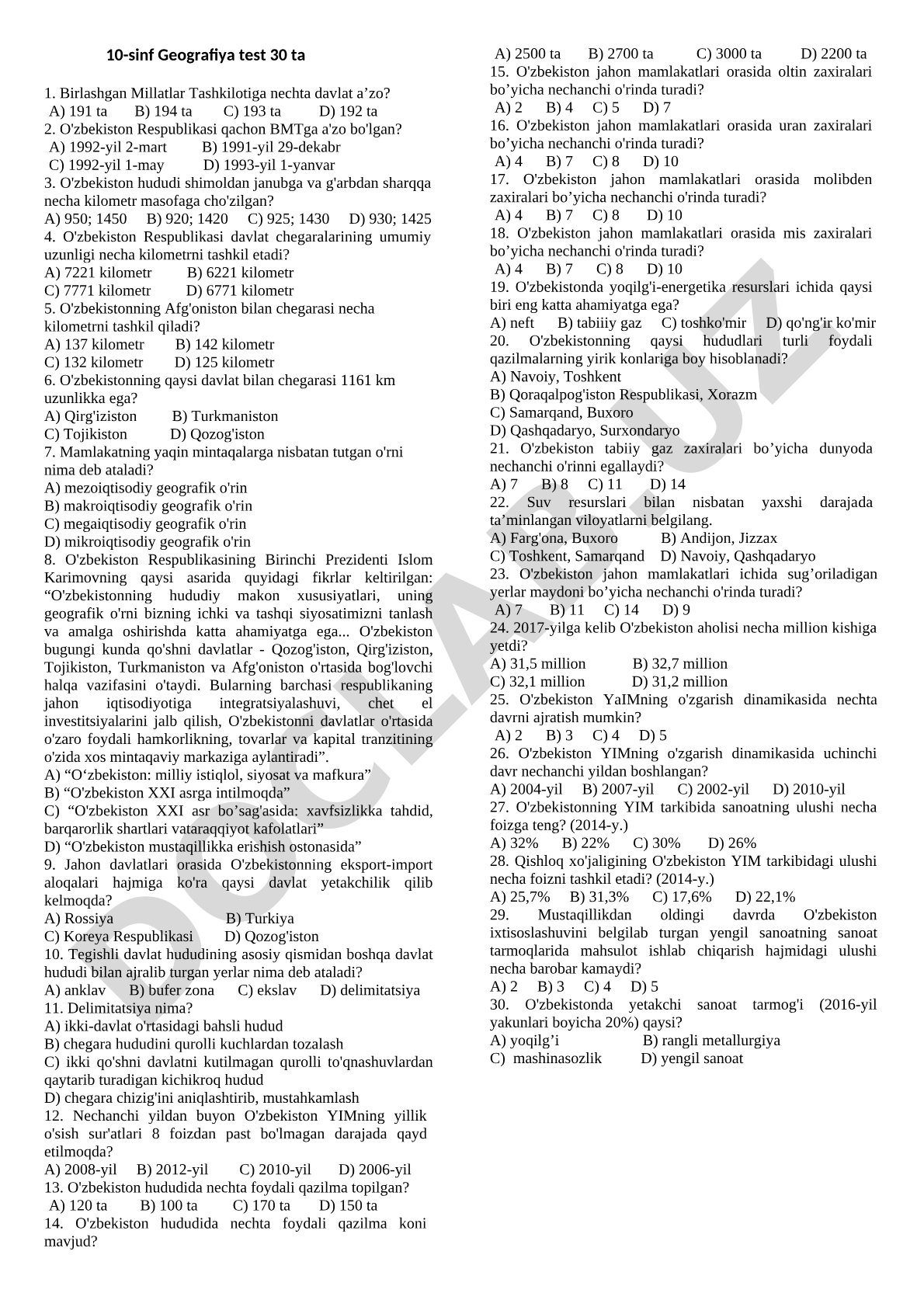 10-sinf Geografiya fanidan test savollari
