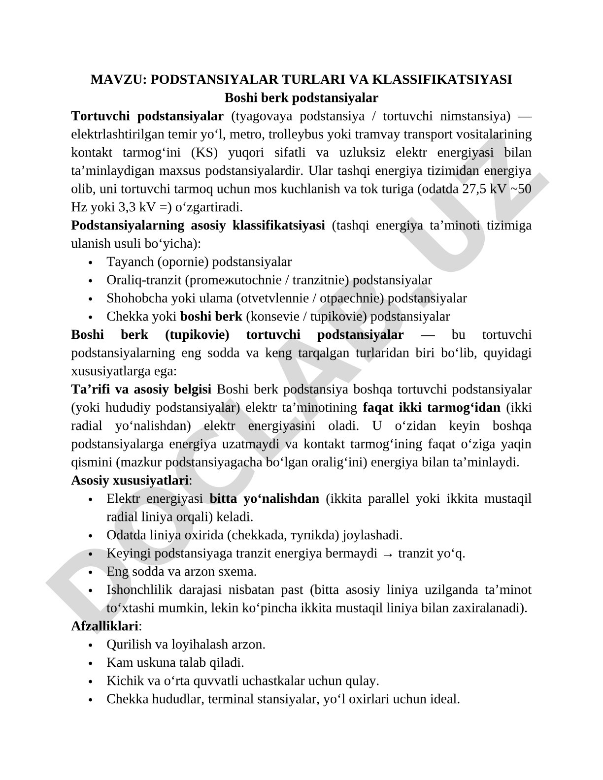 Podstansiyalar turlari va klassifikatsiyasi