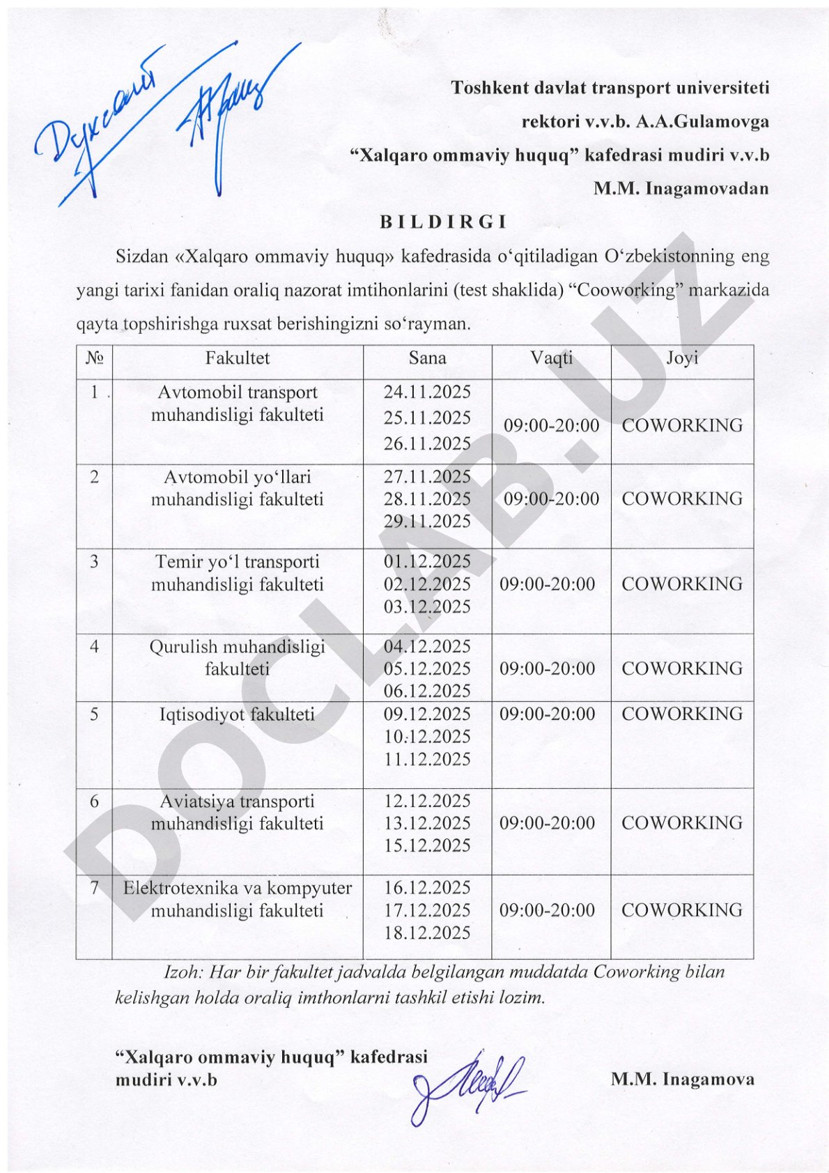 O'zbekistonning eng yangi tarixi fanidan oraliq imtihonlarni qayta topshirish