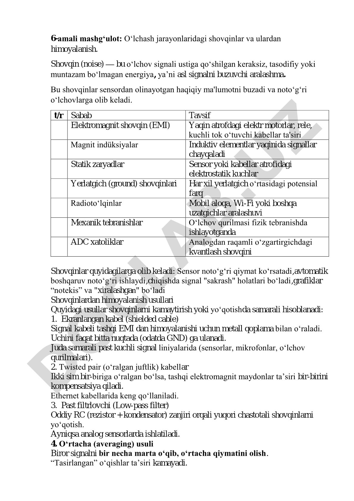 O‘lchash jarayonlaridagi shovqinlar va ulardan himoyalanish